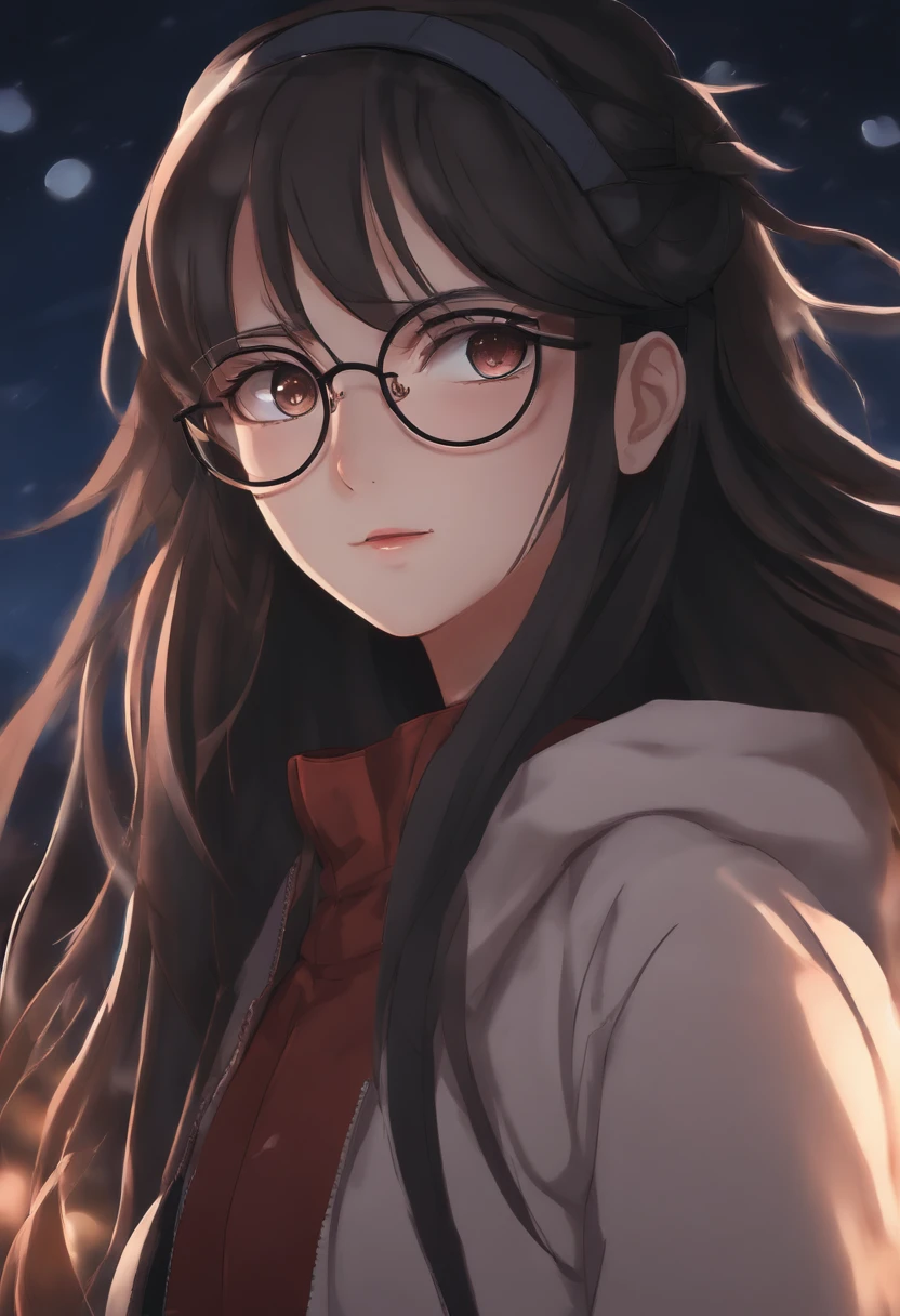 anime girl with glasses and long hair, anime visual of a cute girl, anime style. 8k, pin on anime, anime vibes, anime style 4 k, anime moe artstyle, anime aesthetic, anime girl desktop background, anime visuals, anime girl with real hair, ethereal anime, anime girl with long hair, beautiful anime portrait , anime , naruto, naruto anime, sharingan background, night time, dark , sharingan , wearing naruto headband