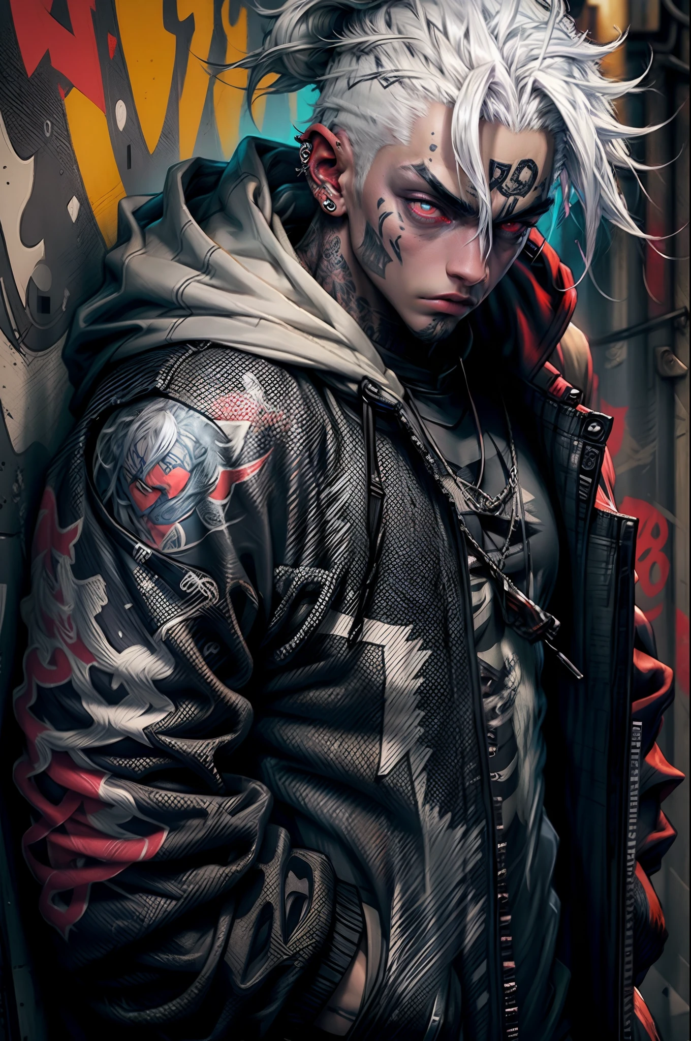 A cool and trendy panda, platinum hair, red eyes, wearing trendy hip hop clothing, wearing a hoodie, graphic t-shirt and torn jeans, tons of tattoos and piercings, graffiti style background, highly detailed background, perfect masterpiece, high quality, high resolution