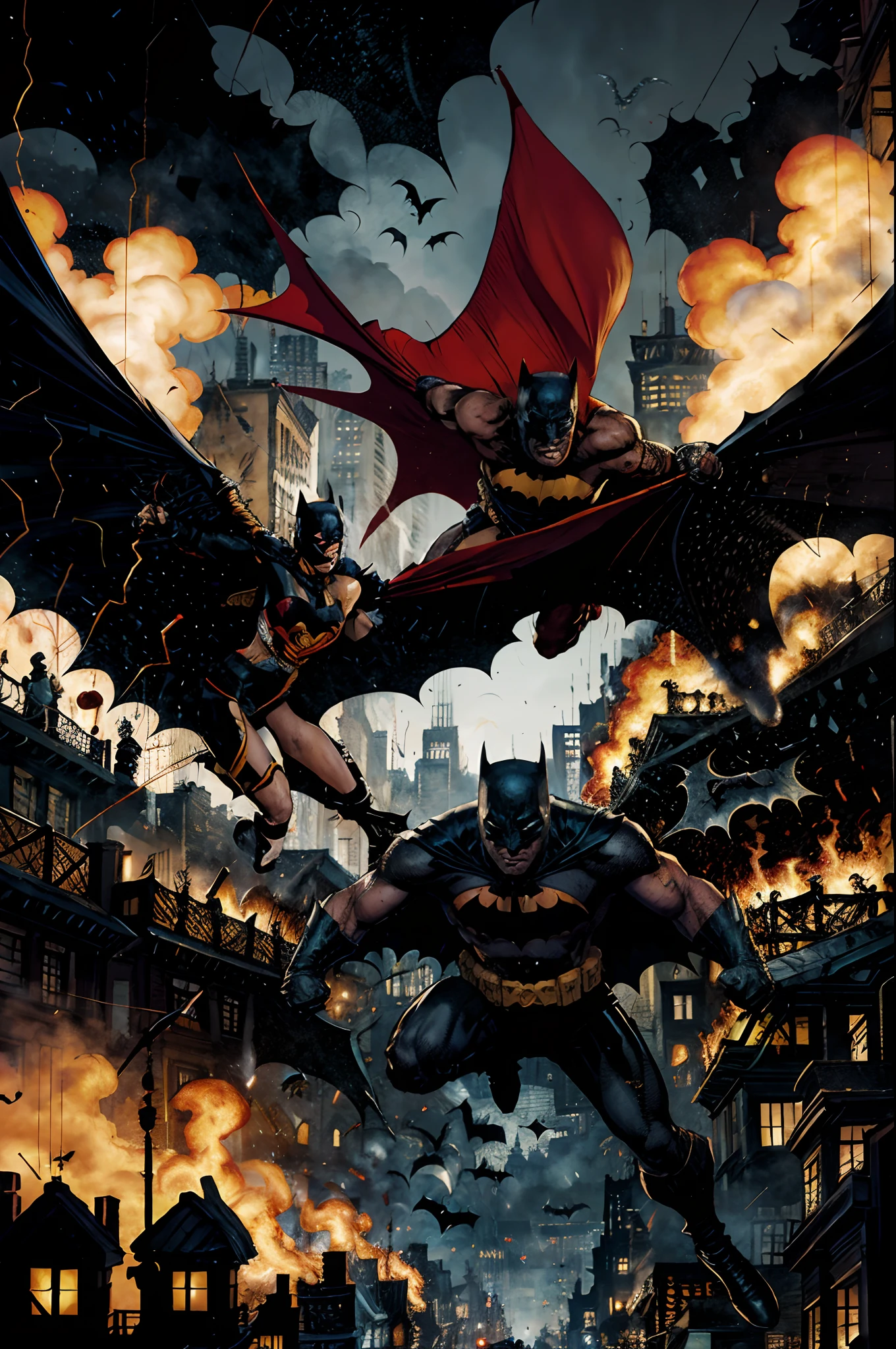 colorful cartoon painting, swarm of horrible and scary Batman gang battle creepy batman gang , invade city, mob running away, city onfire and smoking, in the style of ghibili,disneys,shonen-jump,aomori, mixed media, surrealism painting, a journey into my imagination, detailed, elegant, intricate, 4 k, beauty funny painting, sangue, Explosions, batman, spy of war