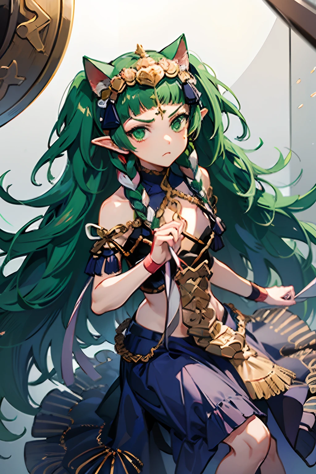 Sothis, 1girl, cat ears, green twin-tails, grumpy face