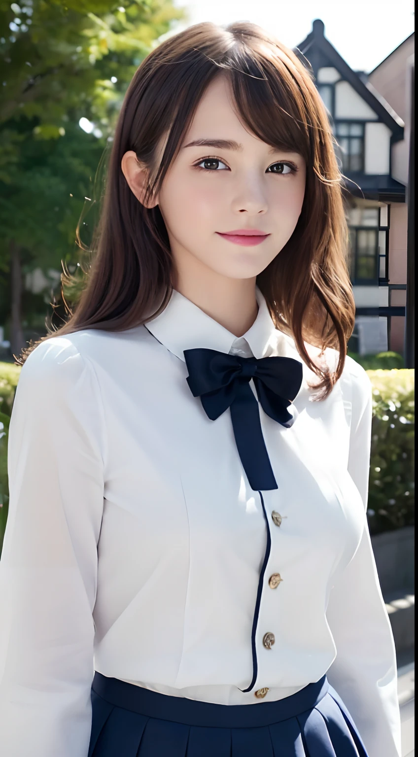(A hyper-realistic), (hight resolution), (8K), (ighly detailed), (beatiful detailed eyes), (top-quality), (ultra-detailliert), (masterpiece), (A detailed face), softfocus、face of emma watson、Colossal tits、japanes、school uniform Wearing、blazers、Outstanding smile、British Schools、a miniskirt、bow ribbon