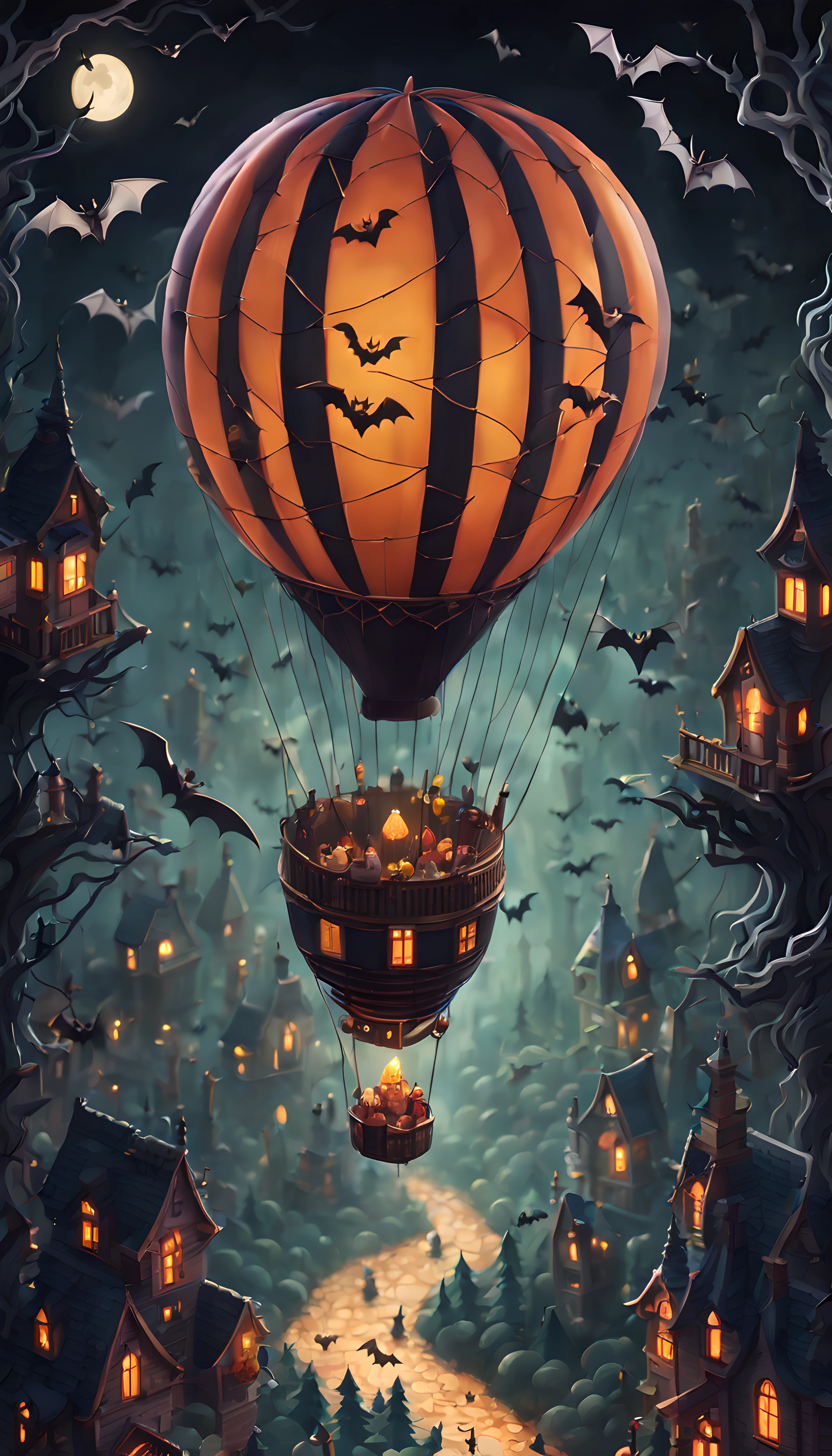 (isometric:1.2), (big) hot air balloon (with a spooky print on it:1.3), gothic magical flows, (swarm of bats:1.4), starry moonlit night, evil forest, volumetric lighting