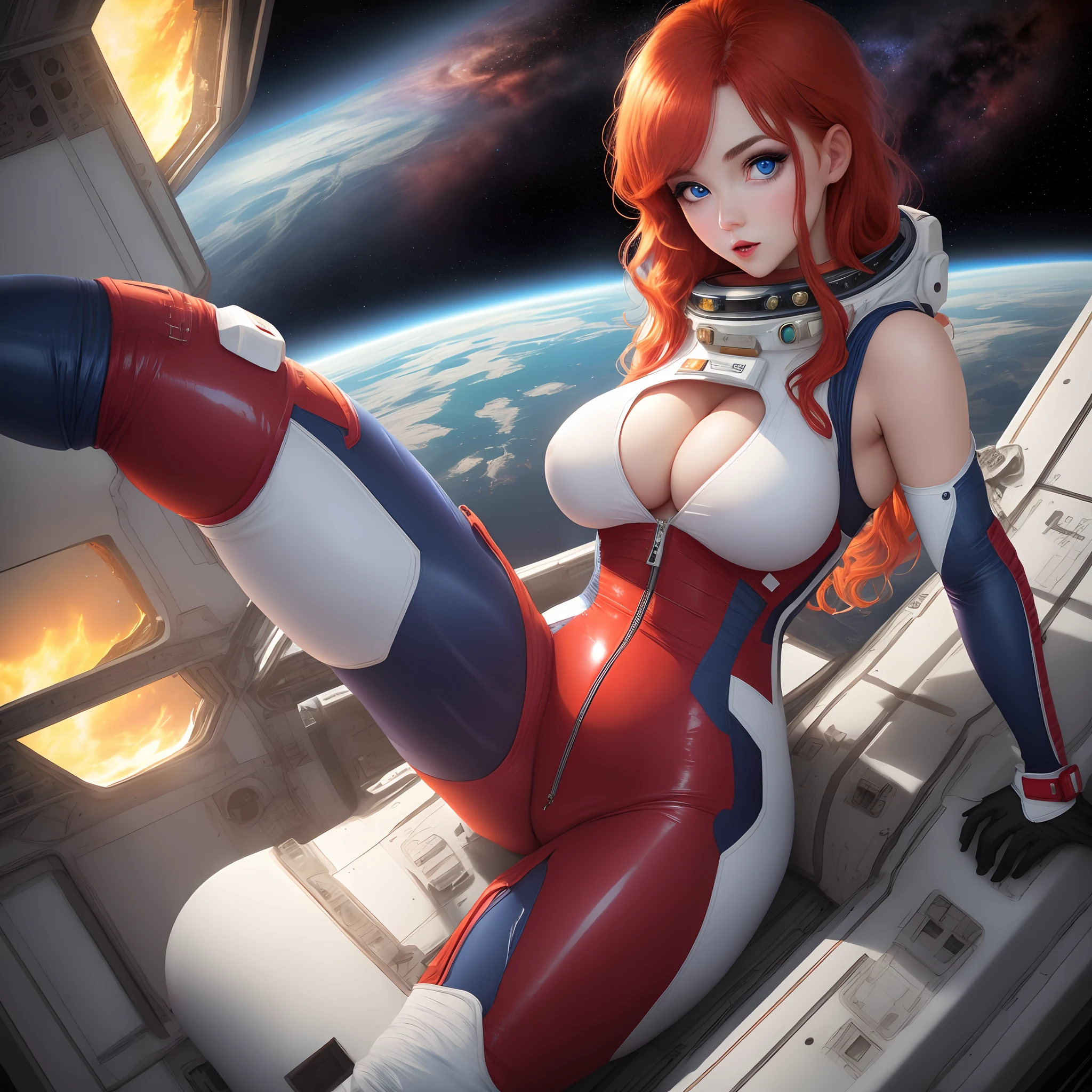 Hot sexy red head, long legs, rip up spacesuit, skintight, busty breasts, on bridge of damaged spaceship, beautiful big eyes, blue eyes, sleeveless outfit