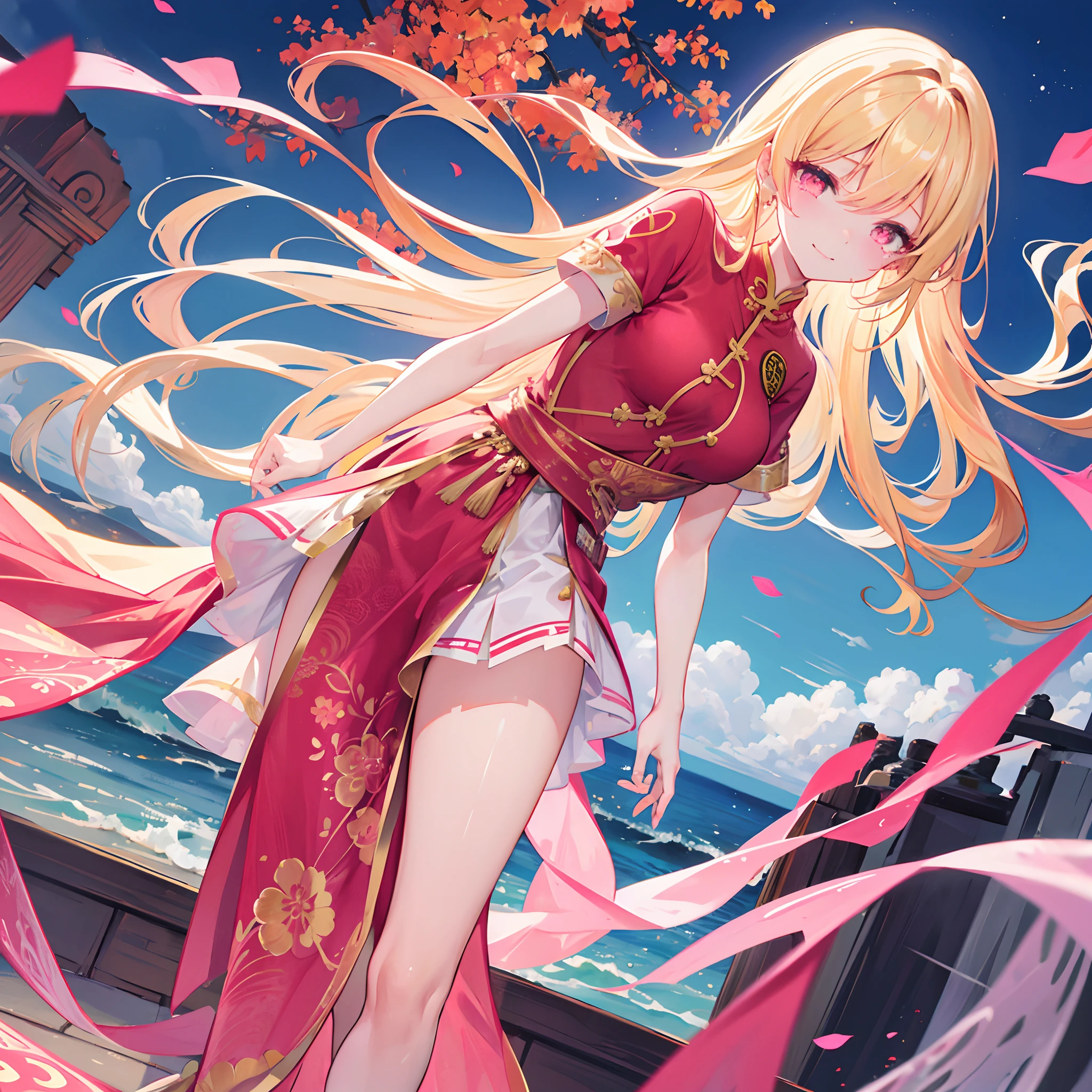Long blonde hair,Pink eyes,Loving pupils,Red cheongsam,goldtrim,chiquita,Medium build,Reach over and bend over to pull off your skirt and leak out your legs,Barefoot,Stand on a bridge by the river,Behind him is the river,The sky is full of brilliant fireworks,The girl had moving tears and a bright smile on her face