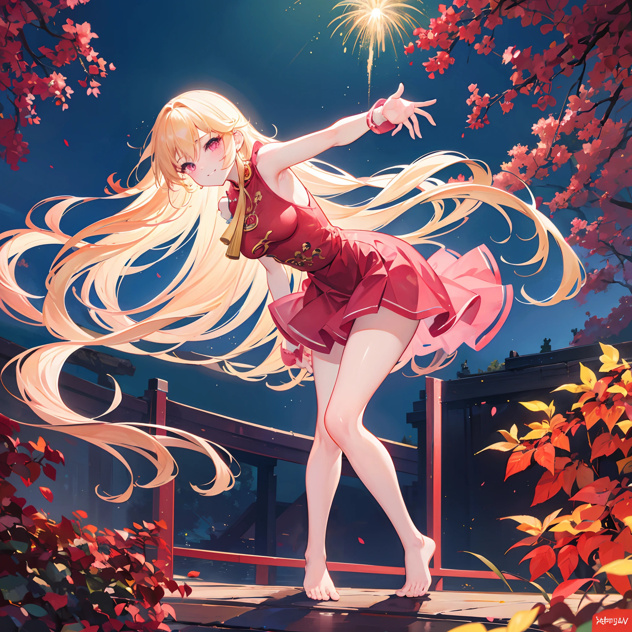 Long blonde hair,Pink eyes,Loving pupils,Red cheongsam,goldtrim,chiquita,Medium build,Reach over and bend over to pull off your skirt and leak out your legs,Barefoot,Stand on a bridge by the river,Behind him is the river,The sky is full of brilliant fireworks,The girl had moving tears and a bright smile on her face