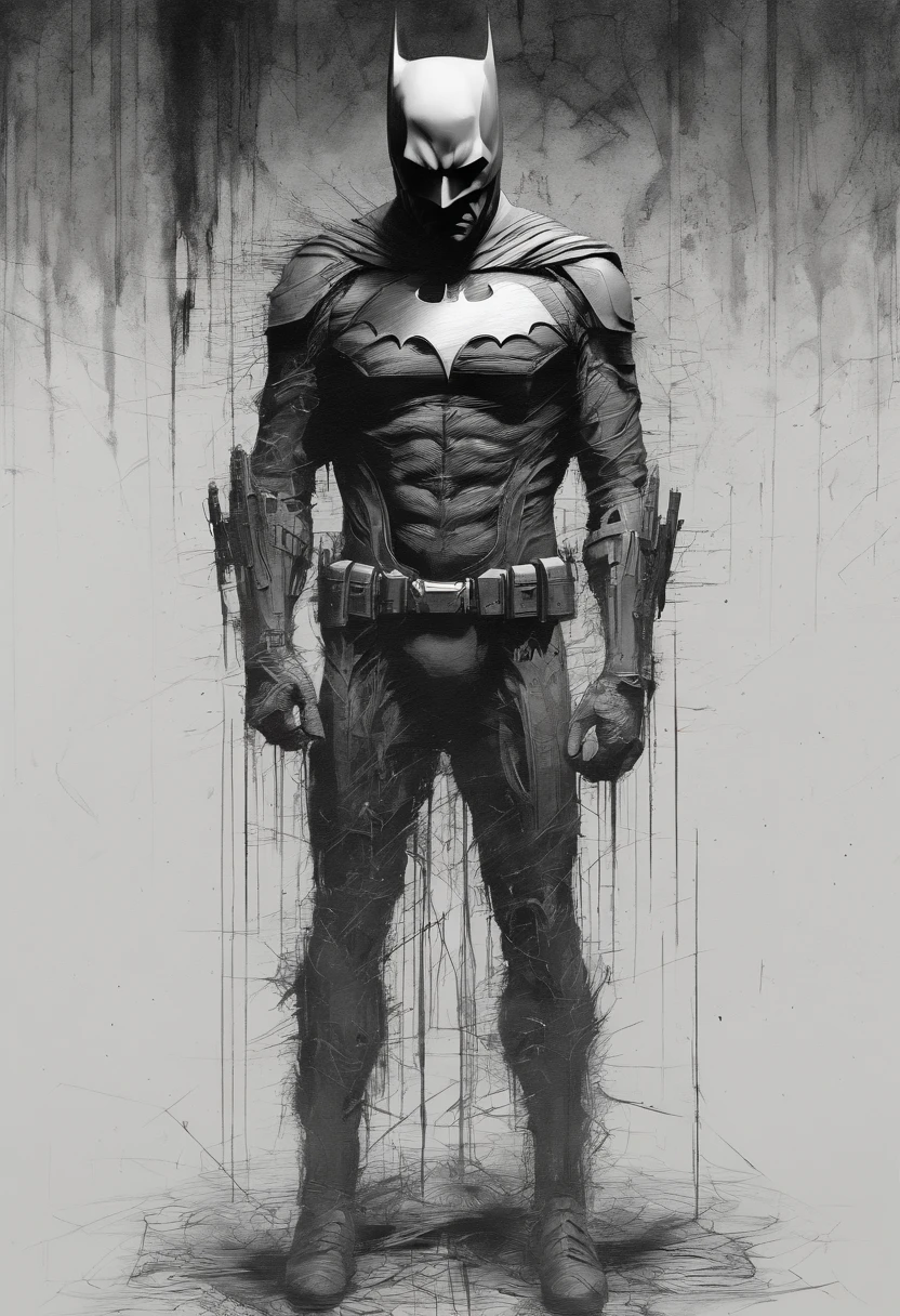 male Batman, Perfect centralization, coelho (franco)de Donnie, Standing position, beleza abstrata, Centrado, looking at the camera, Facing the camera, nearing perfection, triste, desespero, corpo inteiro, Dynamic, altamente detalhado, liso, foco nítido, 8k, high-definition resolution, illustration, arte de Carne Griffiths e Wadim Kashin, fundo branco