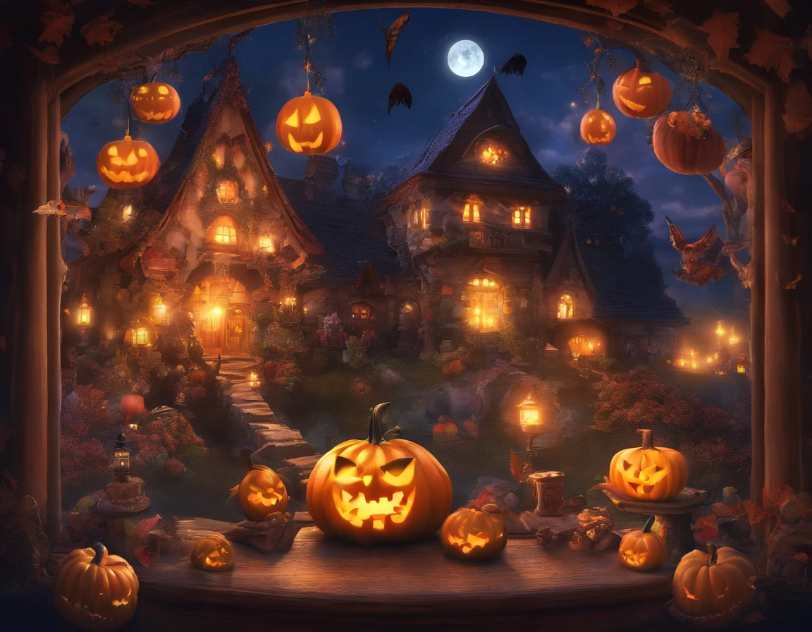 high-level image quality、8K、the detailed images、Halloween、candies、Young witch、house in forest、the bats、squash、candy、Moonlight shines through the window、sweets, Candles and crystal balls on wooden table、Cute fortune teller、Black cat、