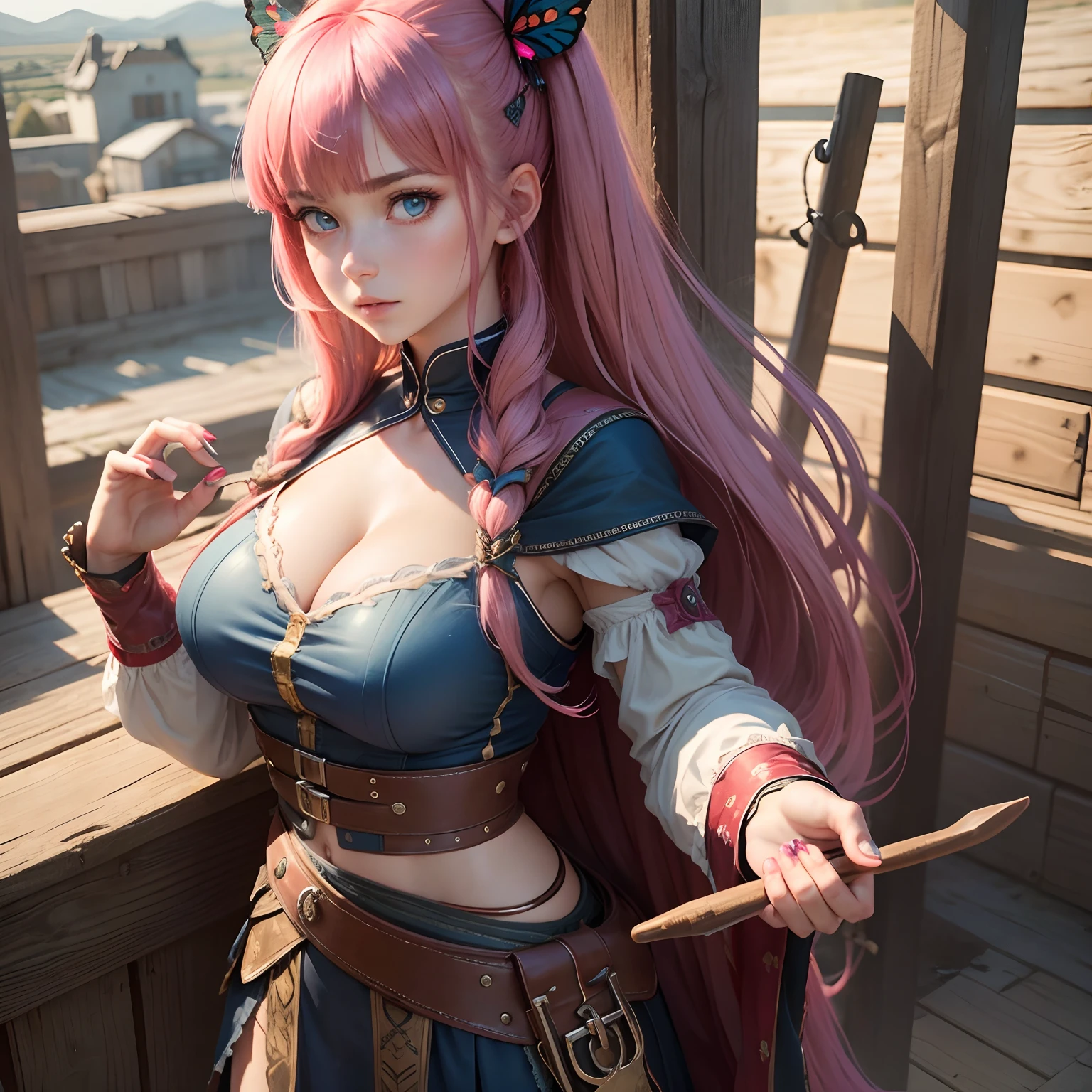 8k, masterpiece, best quality, realistic, higly detailed, cowboy shot, 1girl, solo, Nino, cute, cold-looking girl, waist-length straight hair, square bangs hanging over eyebrows, reddish-pink hair, twin butterfly-shaped ribbons on both sides of head, dark blue eyes, average height, well-endowed figure, large breasts, fashionable girl, various cute accessories, takes care of nails, Norse Goddess