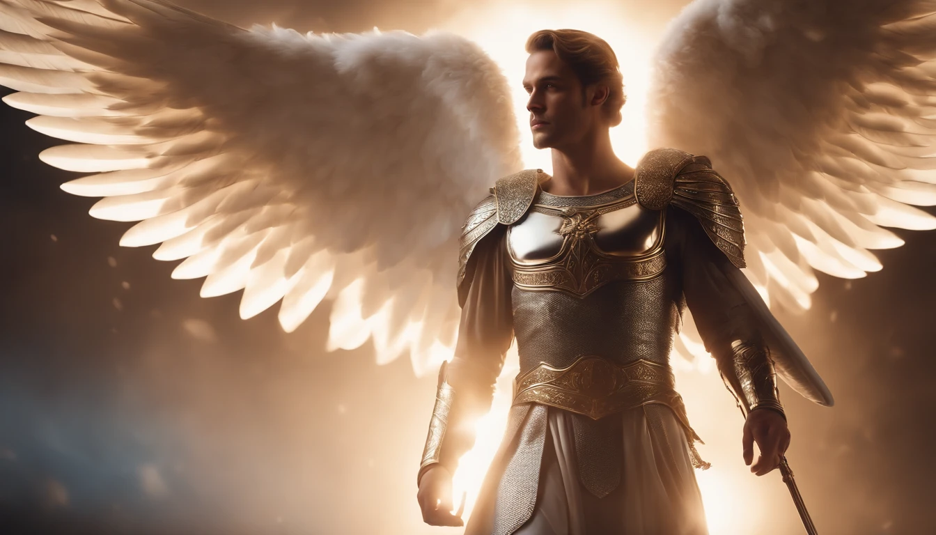 Archangel Michael with white wings The scene is magnificent and surreal. (melhor qualidade, 4k, 8k, alta resolução, master part:1.2), ultra-detalhado, (realisitic, fotorrealista, Realista:1.37), Retrato de um, vivid colors, studio lit, foco nítido, physics based rendering, extreme detail description, Bible Topics, Grande ambiente, luz radiante.