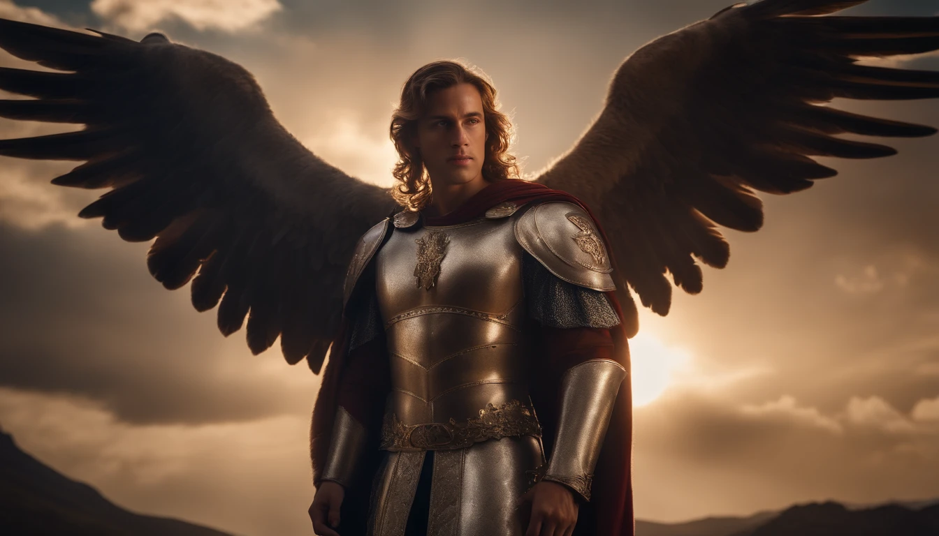 Archangel Michael with white wings The scene is magnificent and surreal. (melhor qualidade, 4k, 8k, alta resolução, master part:1.2), ultra-detalhado, (realisitic, fotorrealista, Realista:1.37), Retrato de um, vivid colors, studio lit, foco nítido, physics based rendering, extreme detail description, Bible Topics, Grande ambiente, luz radiante.