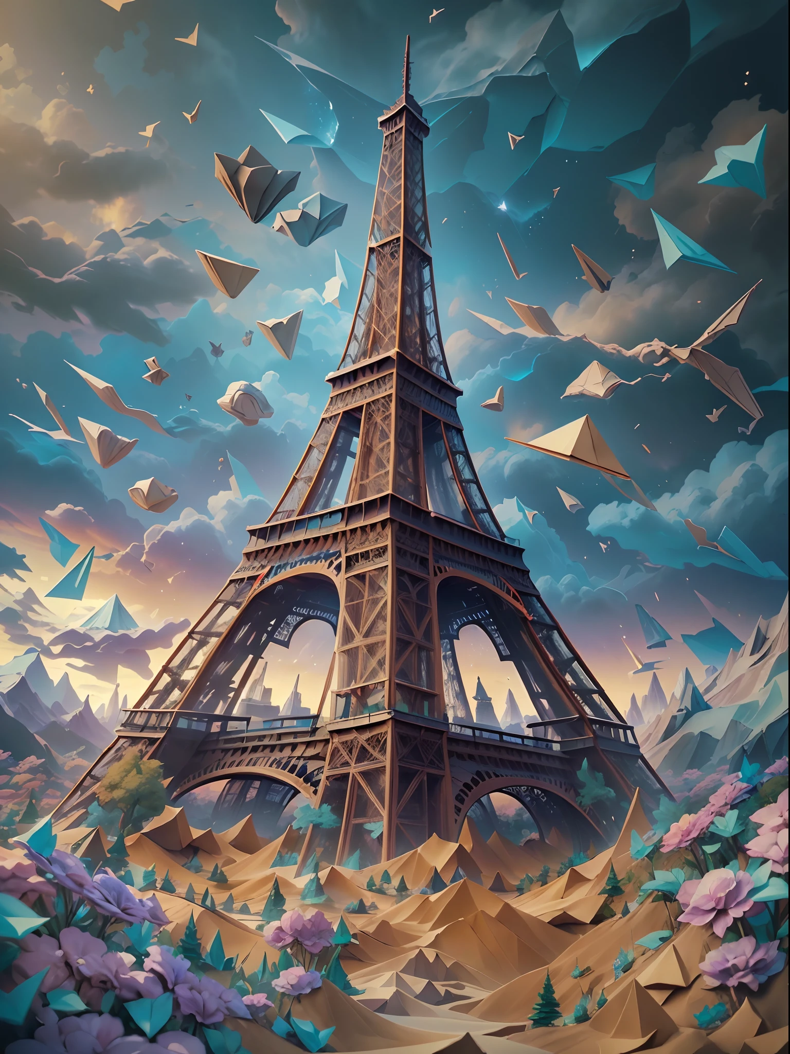 ((Best quality)) , ((Masterpiece)) , (Detailed) ,Darkwave art landscape [Epic:Make believe:5] (The Eiffel Tower:1.3),(origami art:1.4), [ (The art of Gary Bonthe:1.0) and (Texas Avery  :1.2) :16], (fantasy:1.3), behans,  Flowers and Magellanic clouds in the background, overcast day, Anime screencap, cozily, (toy art:1.1), Soft light, (Depth of field 270mm:1.2), (0 Colorful:1.2), (Sloppy strokes:1.1), Golden ratio, A high resolution, Best quality, 8K resolution