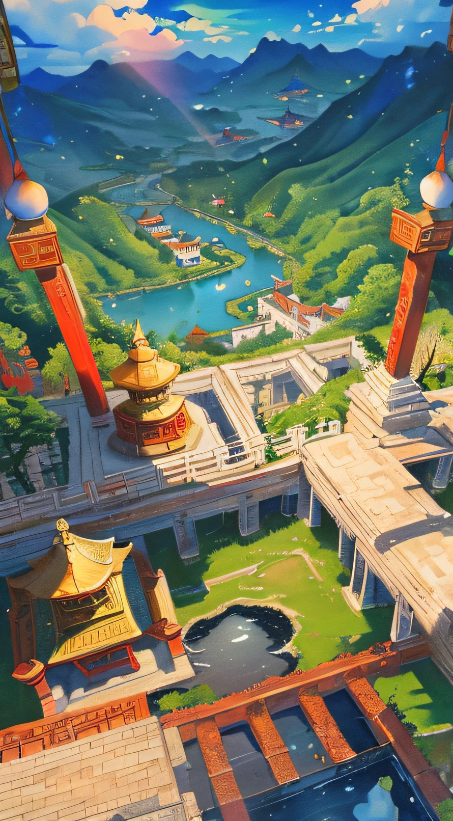 The game scene, the ancient Chinese palace is located above the clouds, surrounded by clouds and mist, majestic, glazed tiles, Buddha statues, colorful rays of light, ((color ink)),((splash ink)),((splash ink) ink}) ), masterpiece, high quality, exquisite graphics, high detail