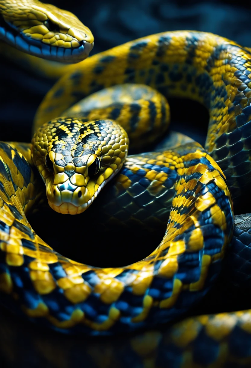 (best quality,highres:1.2),ultra-detailed,realistic:1.37,blue snake,yellow eyes,wallpaper,serpent scales,dark background,vibrant colors,shadowed lighting
