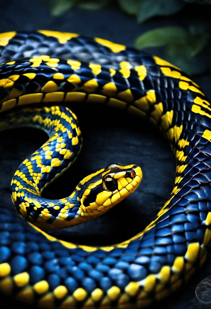 (best quality,highres:1.2),ultra-detailed,realistic:1.37,blue snake,yellow eyes,wallpaper,serpent scales,dark background,vibrant colors,shadowed lighting