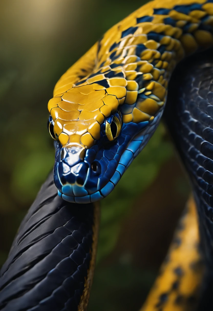 (best quality,highres:1.2),ultra-detailed,realistic:1.37,blue snake,yellow eyes,wallpaper,serpent scales,dark background,vibrant colors,shadowed lighting