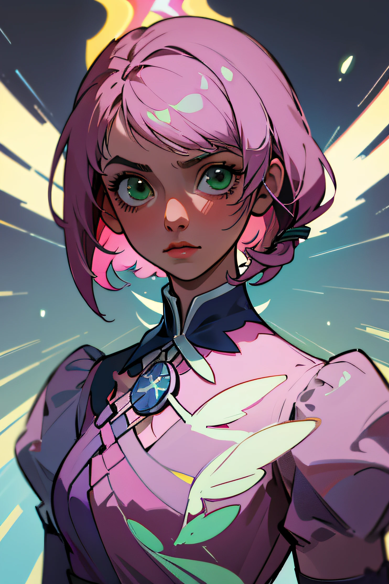 Alisa bosconovitch, melhor qualidade, contemporary, estilo plano, minimalismo, Green Eyes Flat Illustration, cabelo rosa, cabelo curto, cabelos multicoloridos, Camisa Preta, mechanical wings, Head Portrait Close-U, peito pontudo, decote, super decote, middlebreasts, Tekken,hand-painted,Desenho de linha sem cor, Tekken Alisa Bosconovich pink lips, no estilo da paleta de cores suave aurorapunk, an anime illustration of his face, gifs animados, hand drawn animation, charming sketches, suave e brilhante, romantismo nebuloso, estilo superflat, fundo branco - ar 1:1 - niji 5 - estilo expressivo --s 50