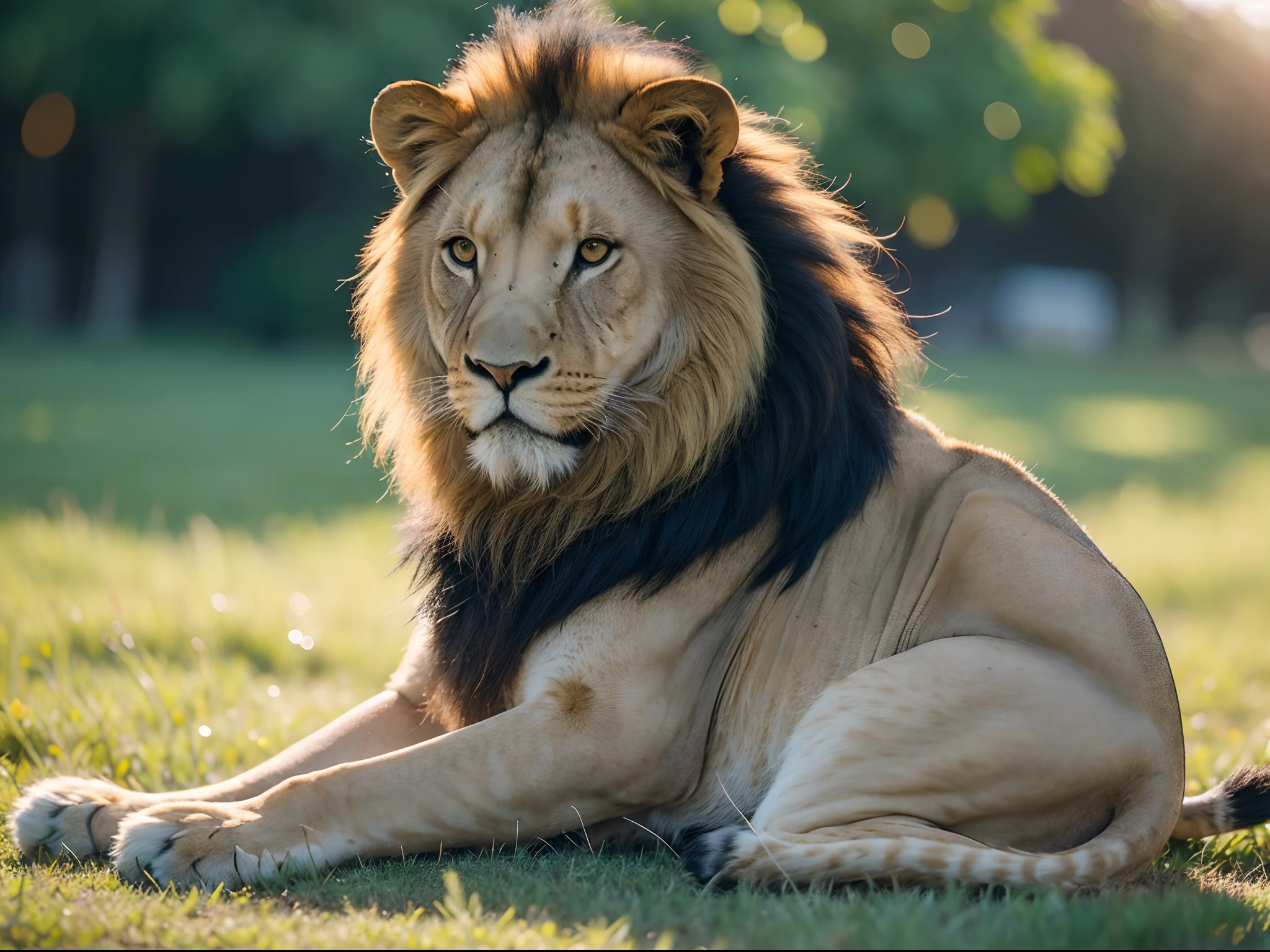 Majestic lion on savannah,With vivid colors and realistic textures,The style is based on the works of Vincent van Gogh and John James Audubon,Render with Octane,4K分辨率,Sony Master Lens,Cinematic lighting,Background bokeh,depth of fields,Photoreality。
