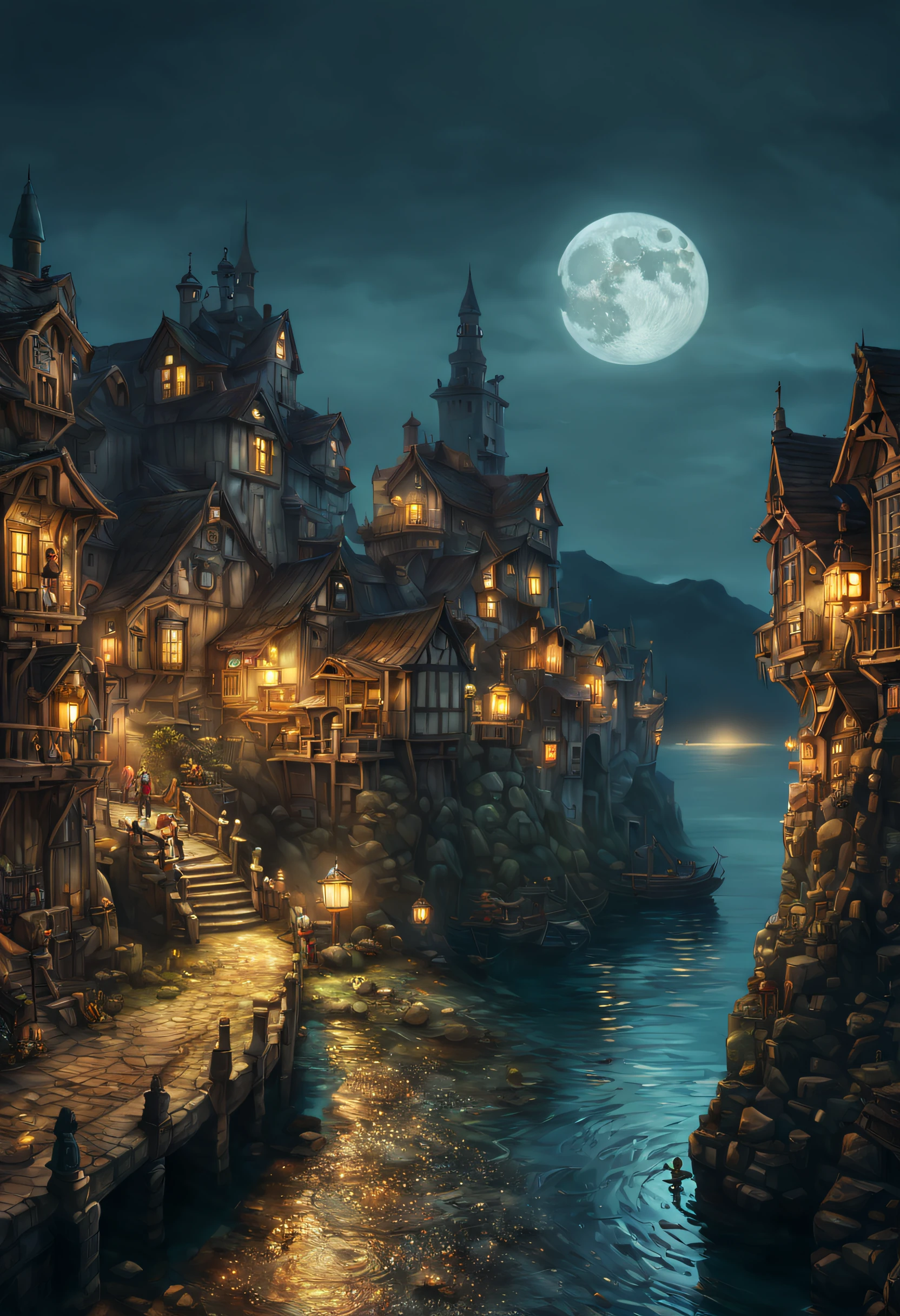 far view of a steampunk medieval coastal fortified town at night in a incurved calm sea bay, houses made of old stones, two moons in the night sky, mesmerizing image, captivating image, dnd, Ultra-realistic, artistic, cinematic lighting, smooth details, masterpiece, perfect perspectiv, extremely finely drawn, full body portrait, high quality depth map