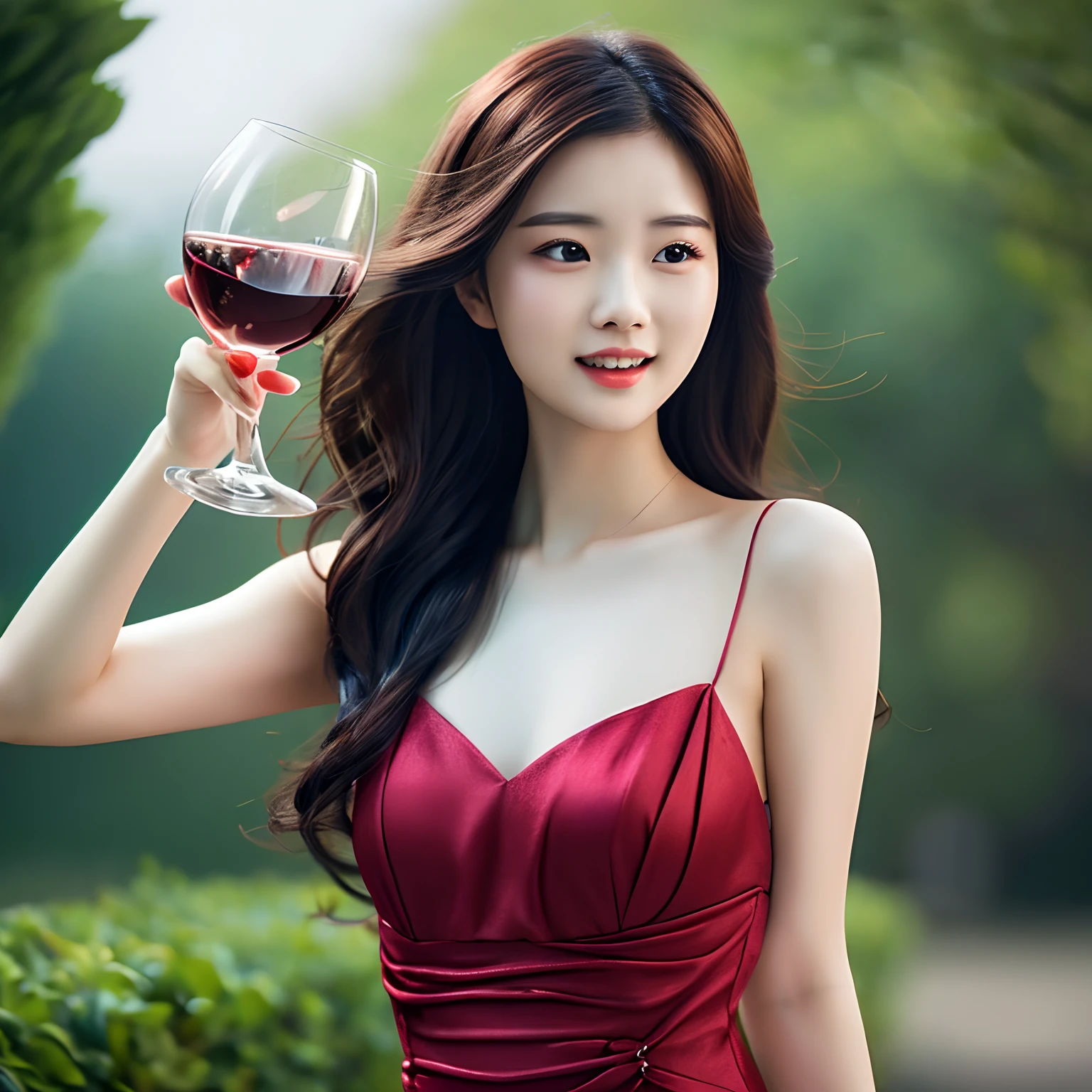 Beautiful woman, ((23 years old)), Asian, Wine Red Dress, 2000s,One piece with long wavy black hair, (the Extremely Detailed CG Unity 8K Wallpapers), Convoluted, ((Photorealistic)),The whole body is exposed，Has an ecstatic look
