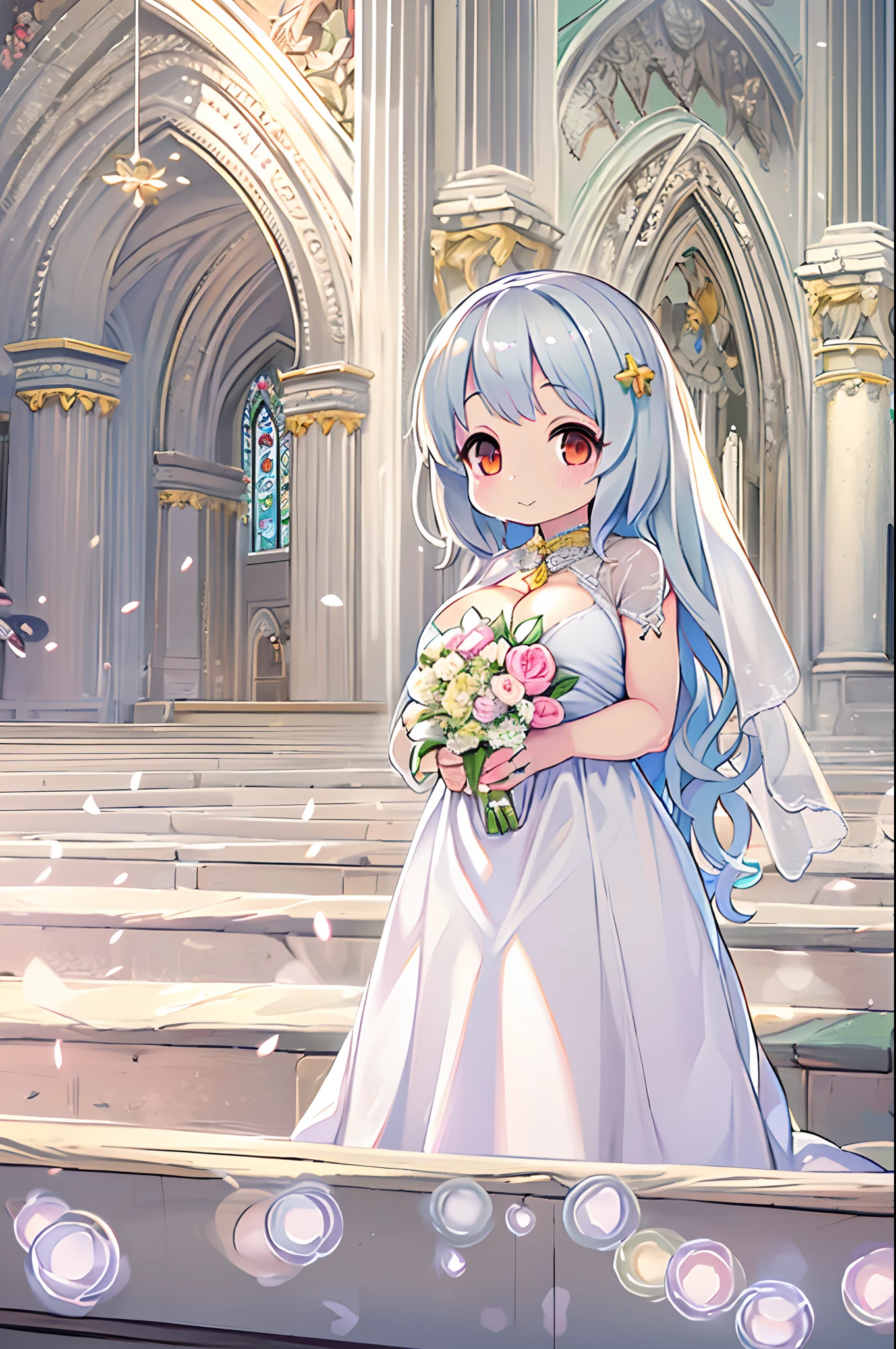 High resolution, Best Quality, masutepiece, Ultra high definition, Ultra high definition, .。.3D, Anime, Illustration, In a church、wedding hall、Two women in wedding dresses、2girls,girl1:bbw、huge-breasted、、Chibi adorable,Black hair,Bob-cut hair,huging、stare、weddingdress、Girl 2:adolable,A pink-haired,Long grey hair,huge-breasted、huging、stare、weddingdress、Chibi