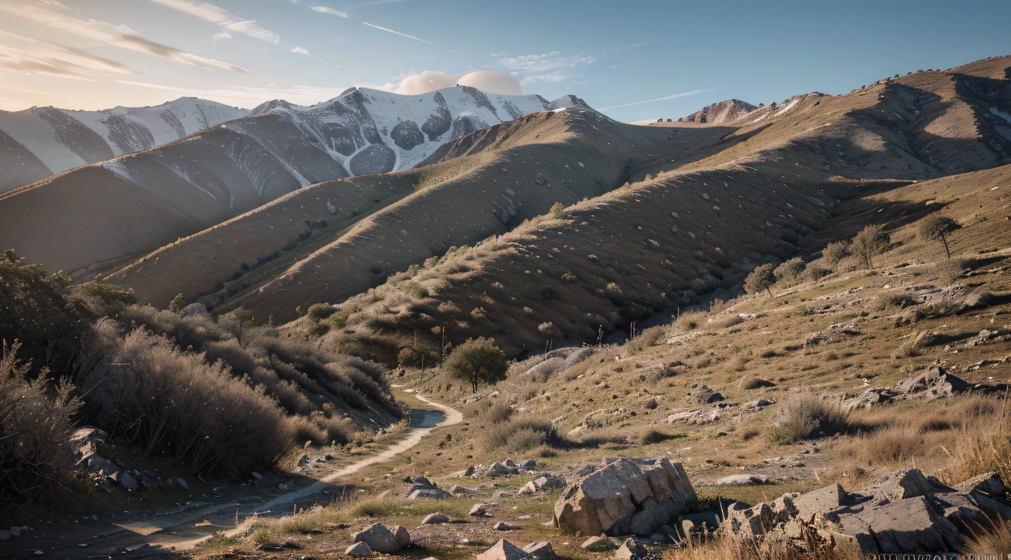 (Best quality,4K,8K,A high resolution,Masterpiece:1.2),Ultra-detailed,(Realistic,Photorealistic,photo-realistic:1.37) Side view of the wilderness, hill,apocalyptic style, 废墟, There are fragments and tinder everywhere