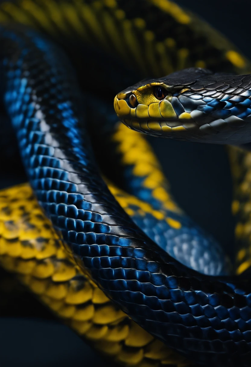 (best quality,Highs:1.2),ultra-detailed,realistic:1.37,Blue snake,yellow eyes,wallpaper,Snake scales,dark background,vibrant colors,shadow lighting