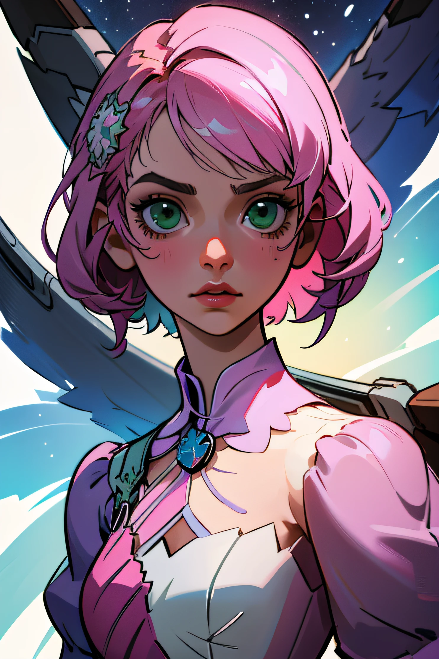 Alisa bosconovitch, melhor qualidade, contemporary, estilo plano, minimalismo, Green Eyes Flat Illustration, cabelo rosa, cabelo curto, cabelos multicoloridos, Camisa Preta, mechanical wings, Head Portrait Close-U, peito pontudo, decote, super decote, middlebreasts, Tekken，hand-painted，Desenho de linha sem cor, Tekken Alisa Bosconovich pink lips, no estilo da paleta de cores suave aurorapunk, an anime illustration of his face, gifs animados, hand drawn animation, charming sketches, suave e brilhante, romantismo nebuloso, estilo superflat, fundo branco - ar 1:1 - niji 5 - estilo expressivo --s 50