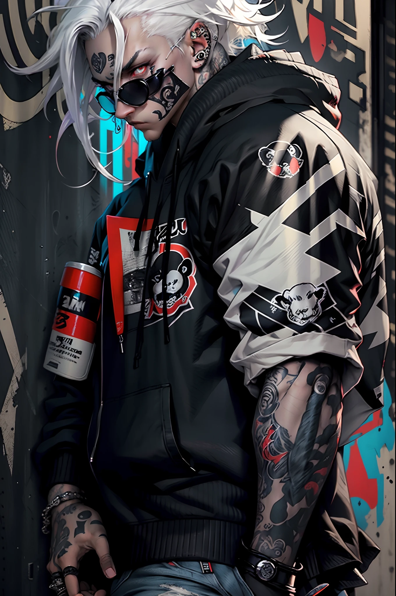A cool and trendy panda, platinum hair, red eyes, wearing trendy hip hop clothing, wearing a hoodie, graphic t-shirt and torn jeans, tons of tattoos and piercings, graffiti style background, highly detailed background, perfect masterpiece, high quality, high resolution