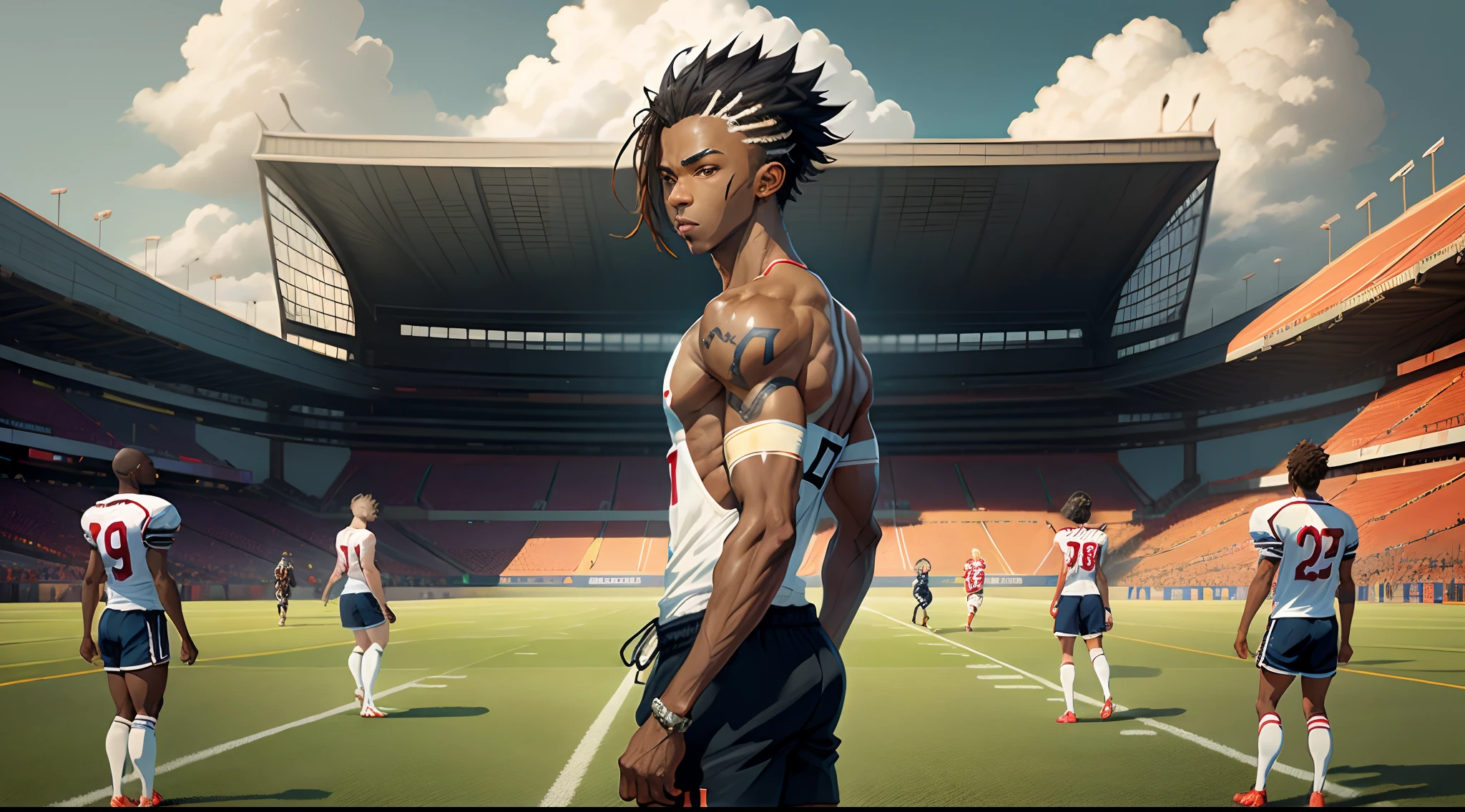 Male character anime style inzuma eleven black skin on football field