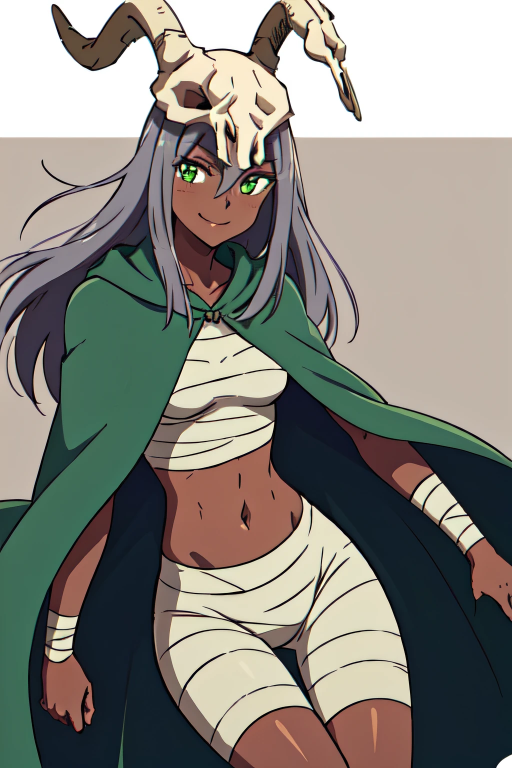 THESILENT, GREY HAIR, DARK SKIN, (SKULL:1.3), GREEN CLOAK, BANDAGES, MIDRIFF, BANDAGED LEGS, 1girl, solo, facing viewer, looking at viewer, upper body, smile.