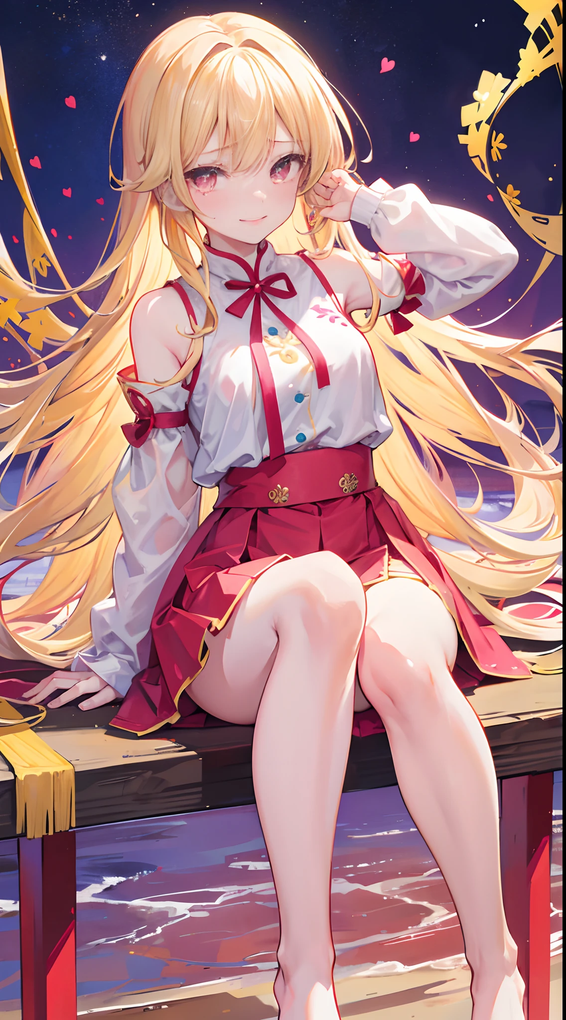 Long blonde hair,Pink eyes,Loving pupils,Red cheongsam,goldtrim,chiquita,Medium build,Reach over and bend over to pull off your skirt and leak out your legs,Barefoot,Stand on a bridge by the river,Behind him is the river,The sky is full of brilliant fireworks,The girl had moving tears and a bright smile on her face