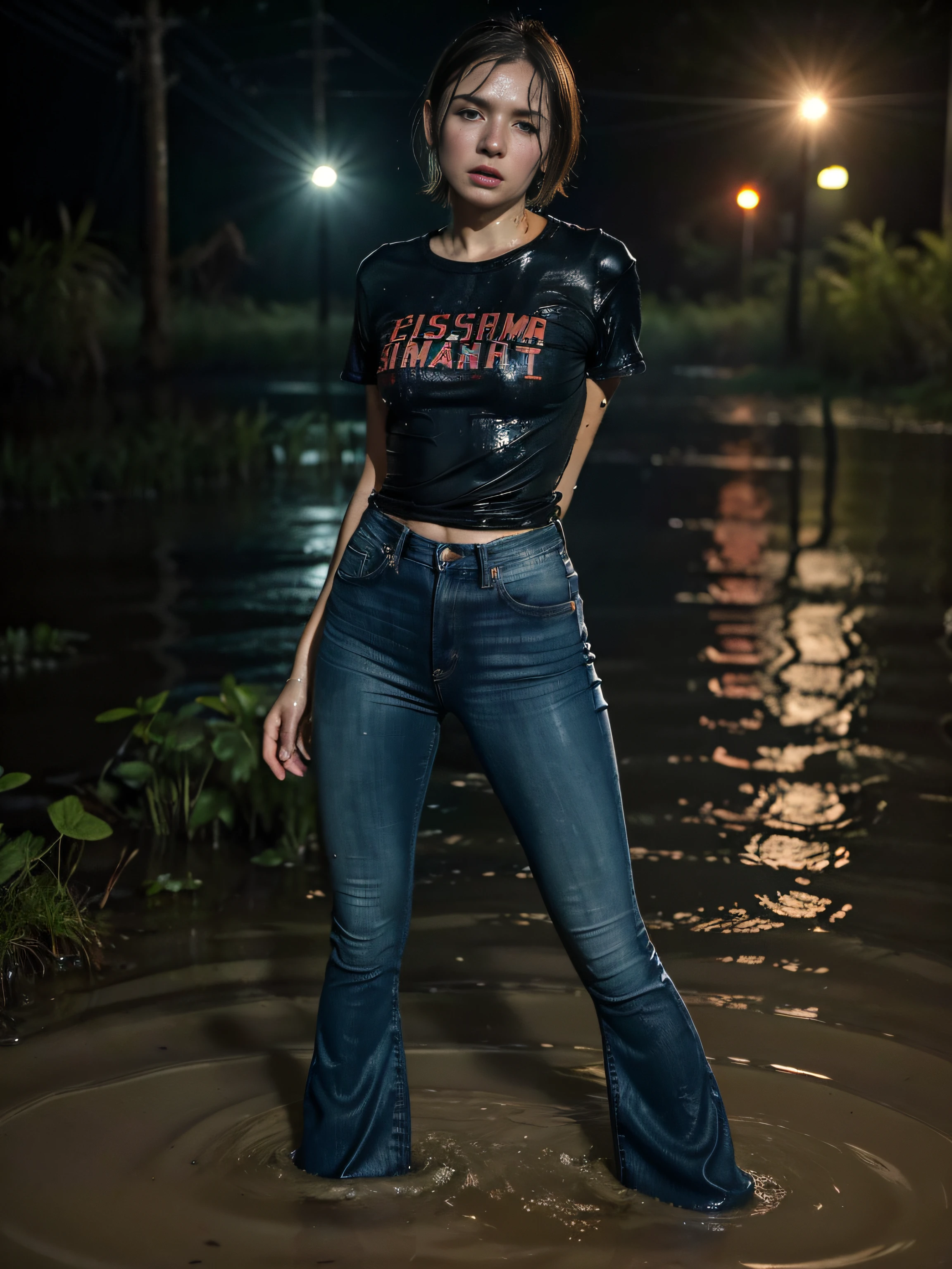 (Wide flares on jeans:1.2), (Water-soaked clothing:1.17), (Best Quality,hight resolution,bokeh:1.2),The woman,Pronounced wrinkles,Bob haircut,Detailed eyes and face,tshirt,expression of despair,reddened face,adrenaline,Imminent Doom,desperation,(Drowning in the Swamp of Feet:1.17),(standingn:1.0),Swamp in the foreground,(gloomy ecstasy:1.1), Posing,