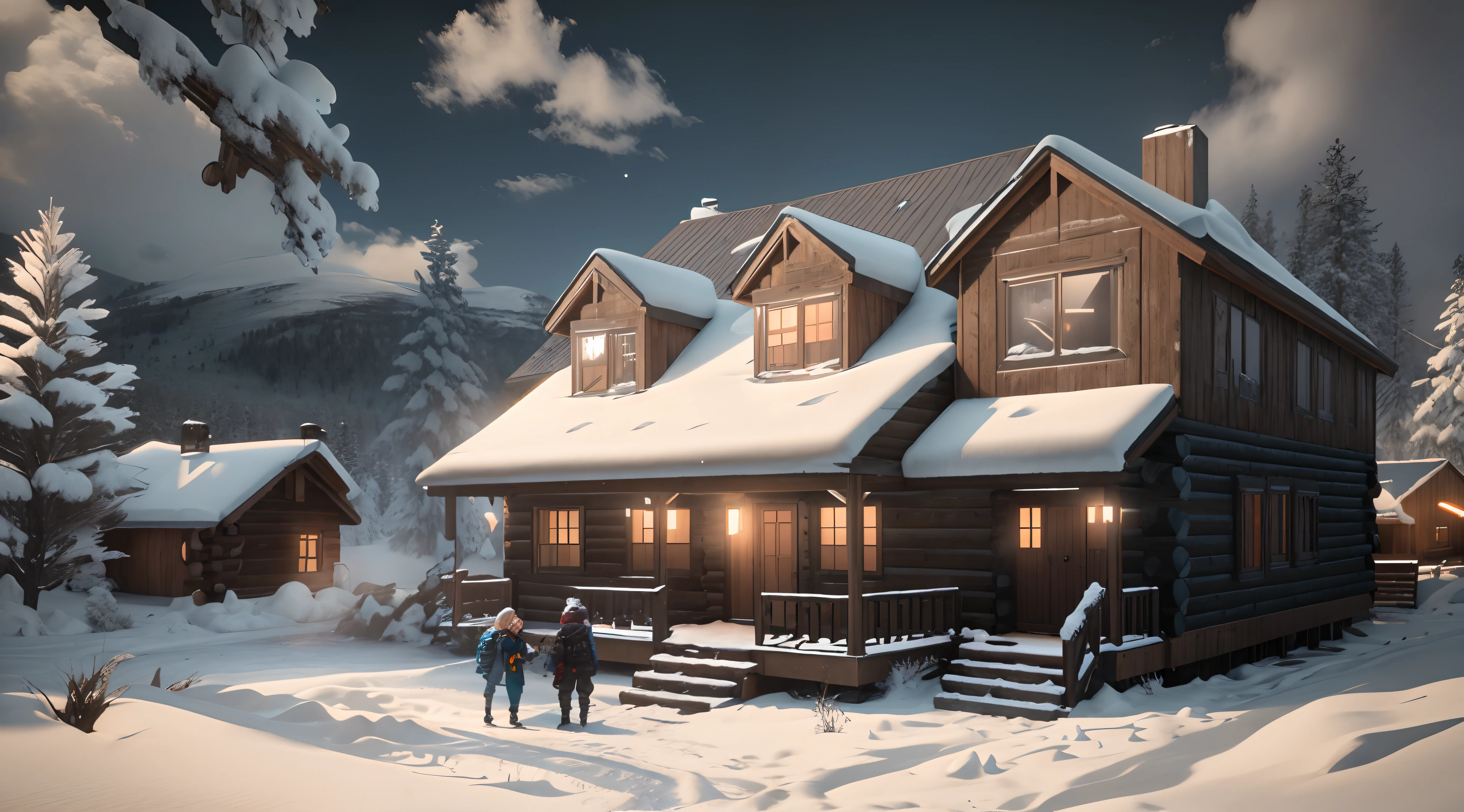 Snowy scene of a cabin with two children and a snowman in front of it, frostbite 3 renderizado, renderizado em unreal 5, renderizado no Unreal Engine, Motor Unreal altamente detalhado, motor unreal muito detalhado, renderizado em cryengine, renderizado em unrealengine, renderizado no Unreal Engine 6, renderizado no motor unreal, renderizado em Motor irreal 4 k hq, ( ( Motor irreal ) )