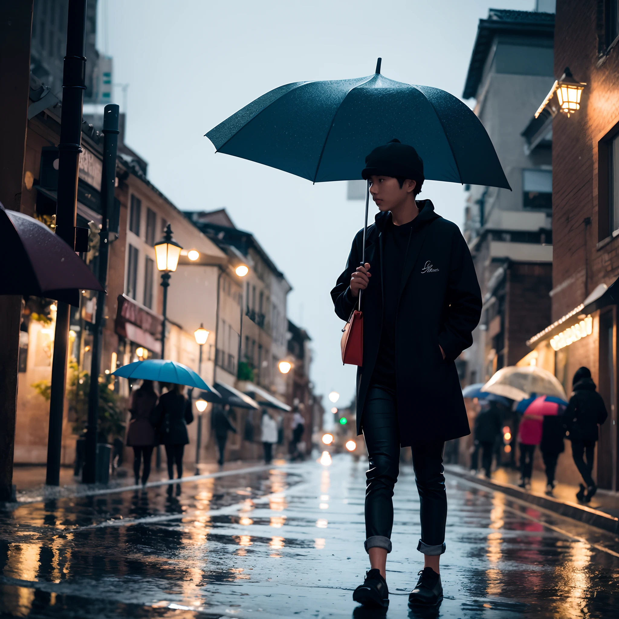 Rainy night in a city with someone holding a blue umbrella