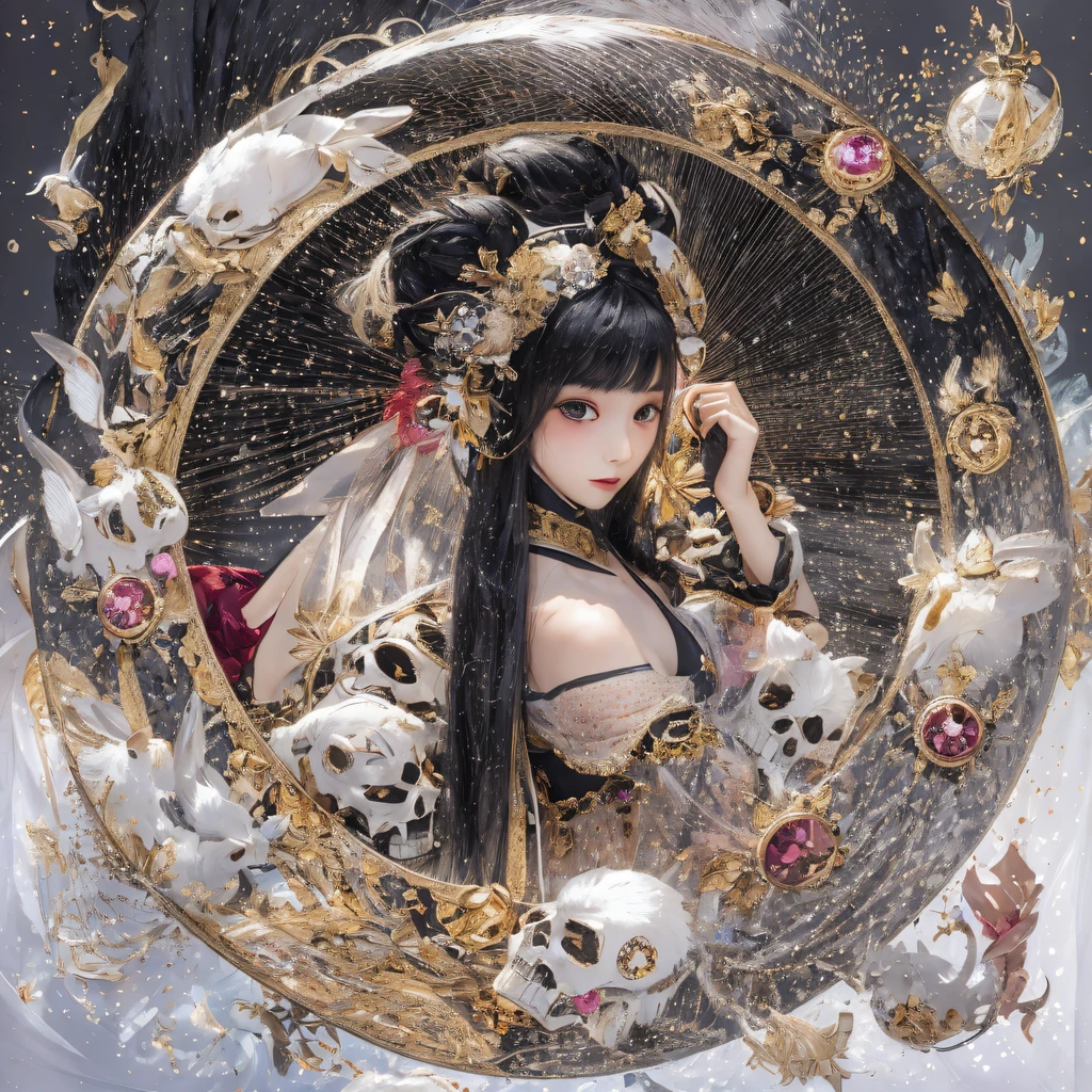 National wind circle,Flying nine-tailed fat skull flame ethereal toad star,Flowing black hair,Golden-black damask white rabbit fur bra,Fuchsia pink diamonds, Tulle burgundy diamond shin guard,The fat woman in the back room 1:900 miniatures,Front view,Pure transparency,Wear boxing gloves,Ice is permeable to gas,Film light and shadow,Panorama ultra-wide angle,extremely happy,The texture of the real person is delicate,Strong visual impact,Hyper-detailing,Dream girl,Refined face,prettyeyes,high saturated,Wear reflective sunglasses with a thick gold thread,crystal-clear,Good sense of perspective,Light and shadow effects,32K smooth,The surface is not well lit,Flowing black hair