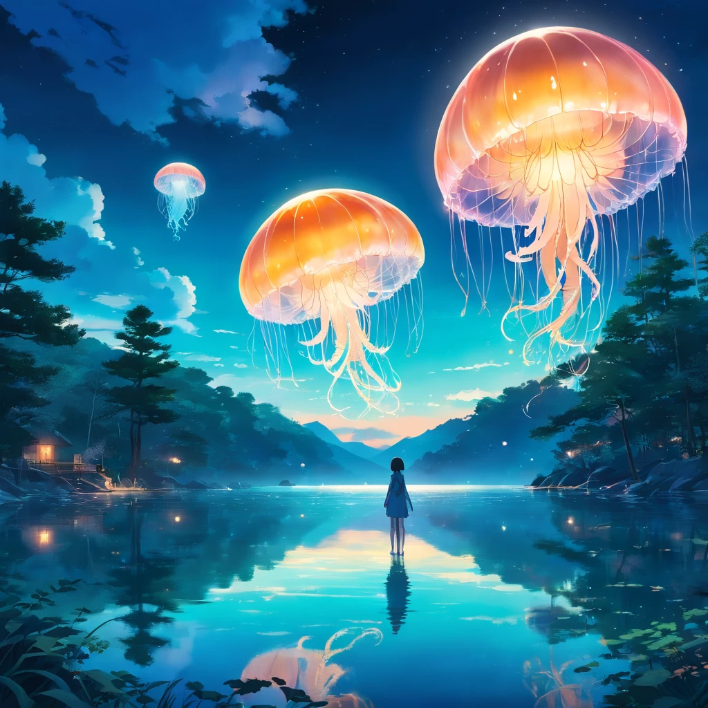 double-masking photography, over the lake landscape, translucent luminous jellyfish as a huge moon , by Dan Mountford, by Dan Hillier, vivid colors, negative space, photo illustration. high in the night sky, reflection. Forest