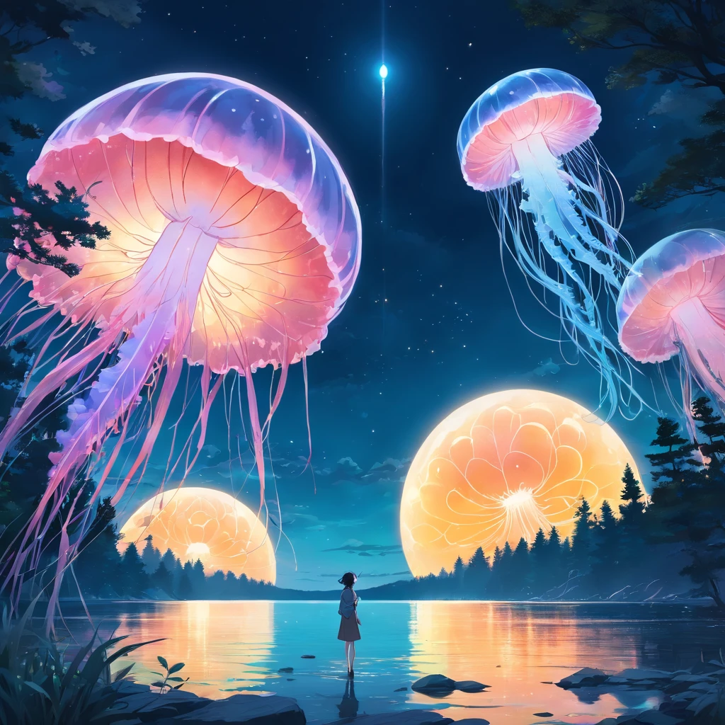 double-masking photography, over the lake landscape, translucent luminous jellyfish as a huge moon , by Dan Mountford, by Dan Hillier, vivid colors, negative space, photo illustration. high in the night sky, reflection. Forest