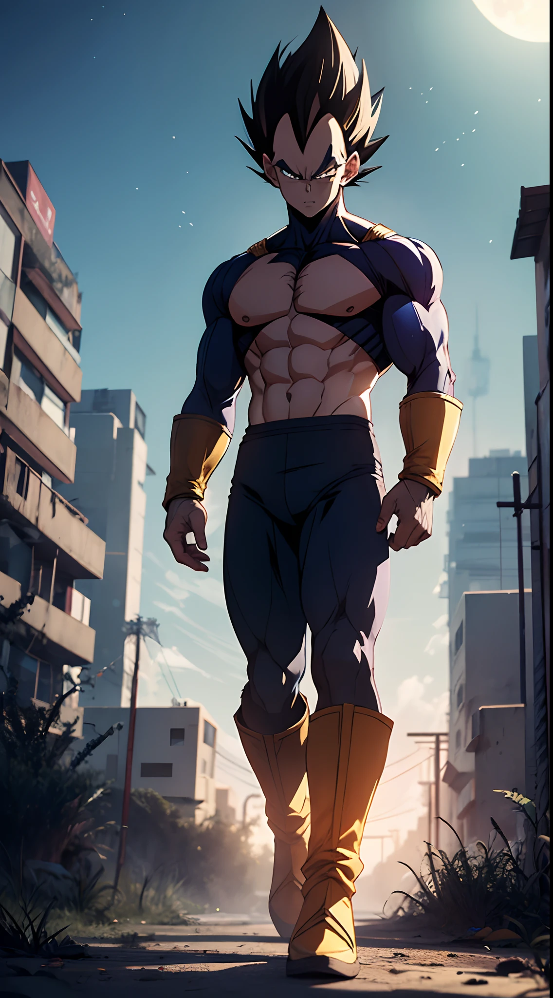 "Explore the depths of Vegeta's power as he stands tall in an abandoned city, his fair skin glowing in the moonlight. The lush landscape only adds to his already perfect form, making him a true masterpiece of male beauty."