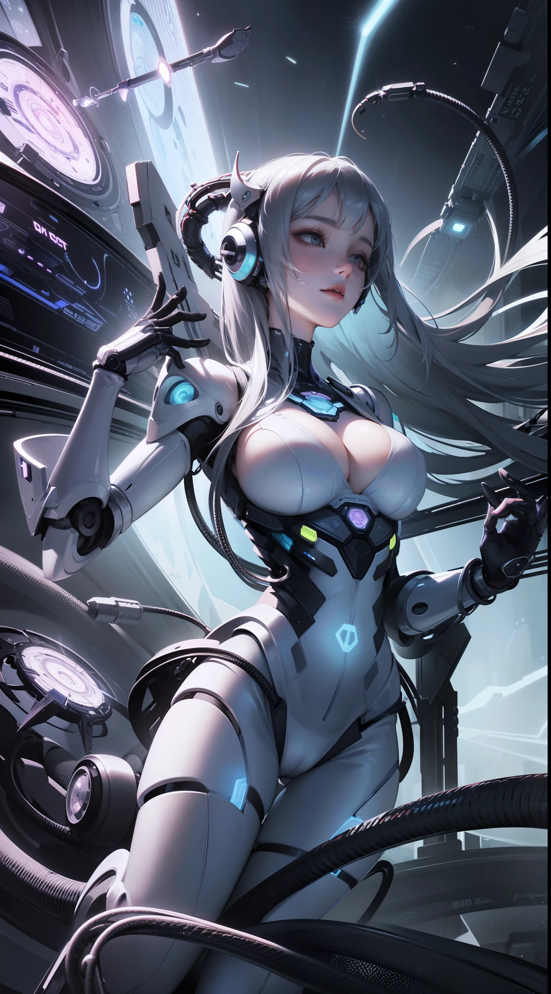 Complex 3d rendering beautiful porcelain profile ultra detailed female android face, cyborg, robot parts, 150mm, beautiful studio soft lights, rim lights, vivid details, gorgeous cyberpunk, lace, surrealistic, anatomical, facial muscles, cable wires, microchip, elegant, beautiful background, octane rendering, HR giger style , 8k, top quality, masterpiece, illustration, very delicate and beautiful, highly detailed, cg, unity, wallpaper, (realistic, photorealistic: 1.37), amazing, fine details, masterpiece, best quality, official art, highly detailed cg unity 8k wallpaper, absurd, incredibly absurd、、、 robot, silver halmet, full body, sit