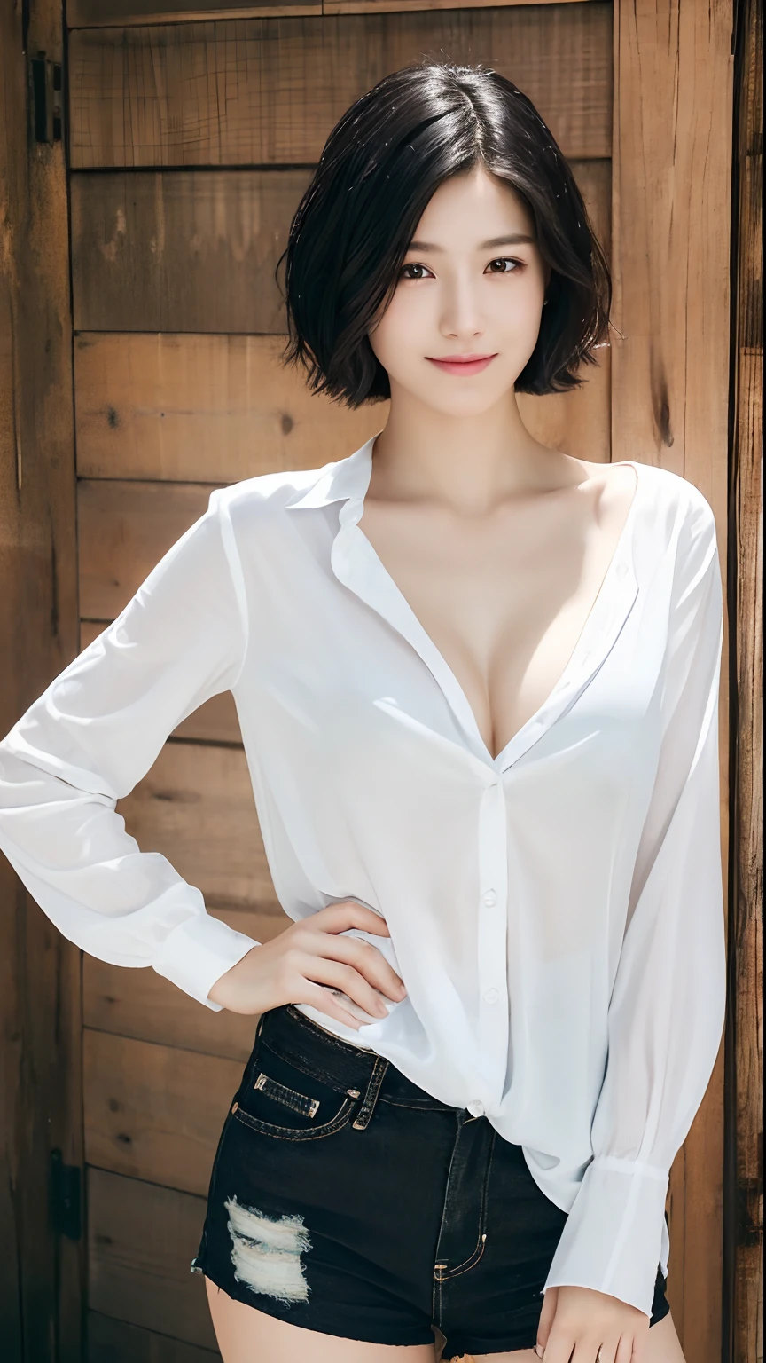 (masterpiece:1.3), (8k, photorealistic, RAW photo, best quality: 1.4), japanese, (1girl), beautiful face, (realistic face), (black hair, short hair:1.3), beautiful hairstyle, realistic eyes, beautiful detailed eyes, (realistic skin), beautiful skin, attractive, ultra high res, ultra realistic, highly detailed, golden ratio, (detaled face:1.2),looking at viewer,smile,open white shirt,medium breasts,standing,hand on hip