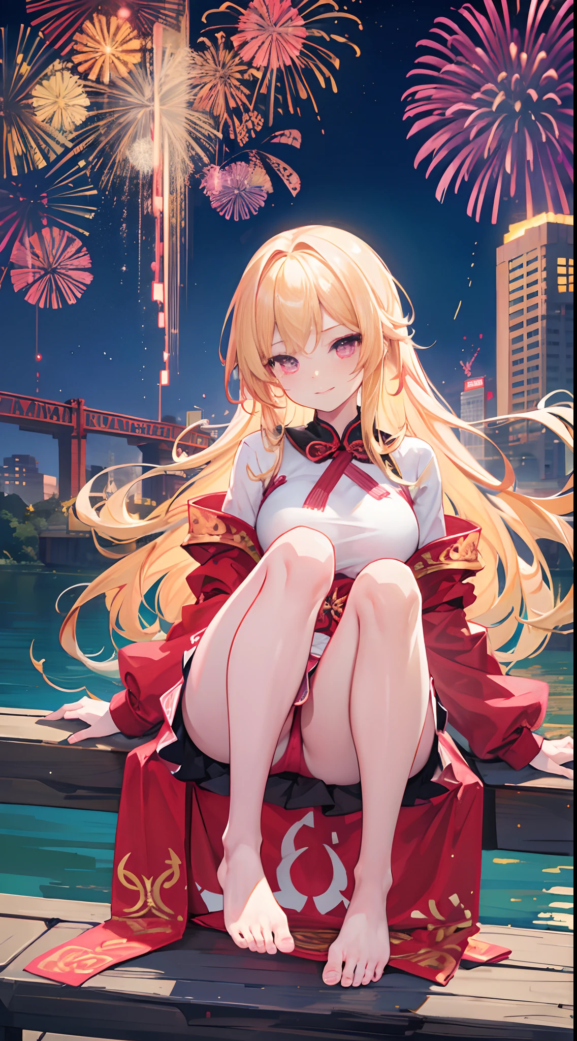 Long blonde hair,Pink eyes,Loving pupils,Red cheongsam,goldtrim,chiquita,Medium build,Reach over and bend over to pull off your skirt and leak out your legs,Barefoot,Stand on a bridge by the river,Behind him is the river,The sky is full of brilliant fireworks,The girl had moving tears and a bright smile on her face