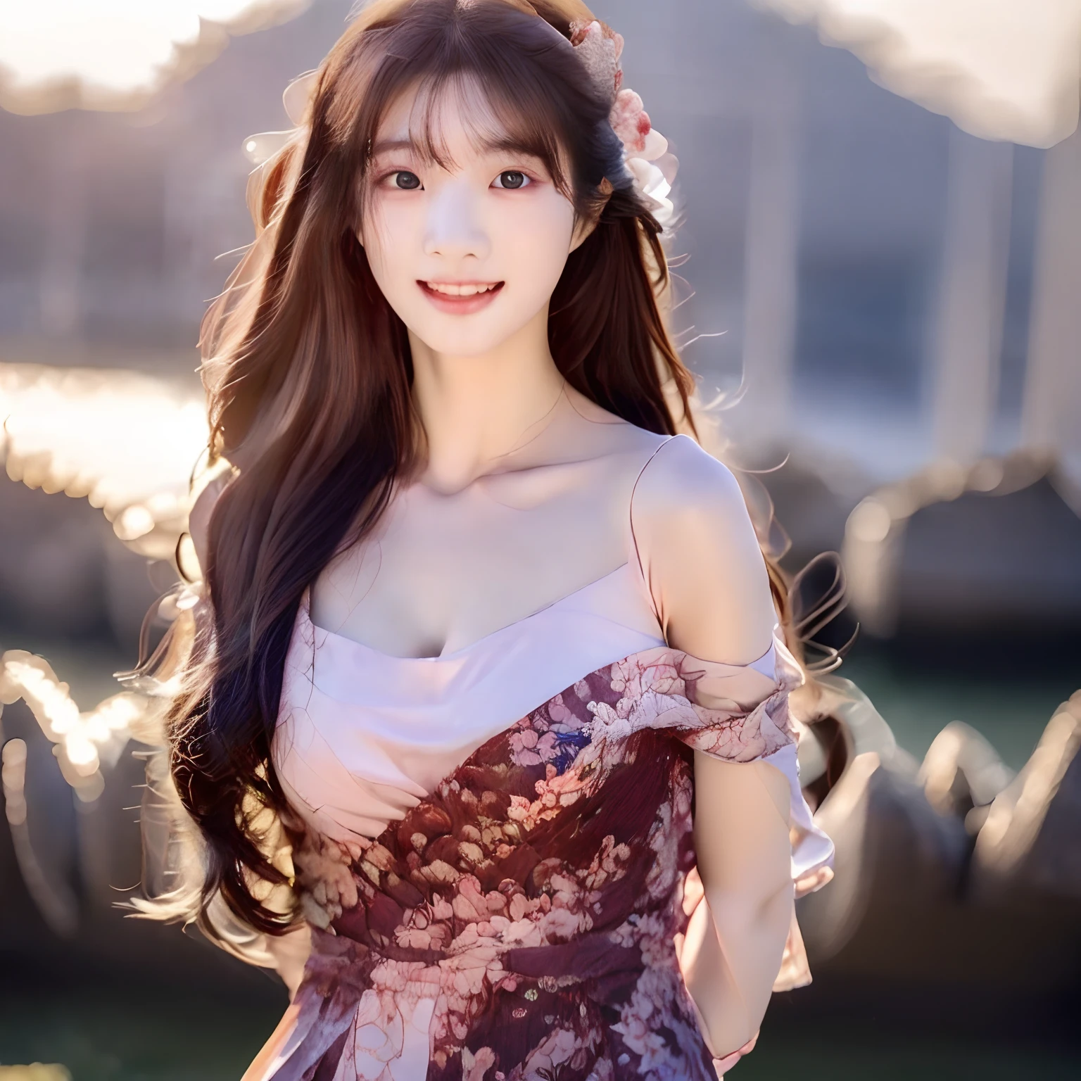 Beautiful woman, ((23 years old)), Asian, Wine Red Dress, 2000s,One piece with long wavy black hair, (the Extremely Detailed CG Unity 8K Wallpapers), Convoluted, ((Photorealistic)),The whole body is exposed,Has an ecstatic look