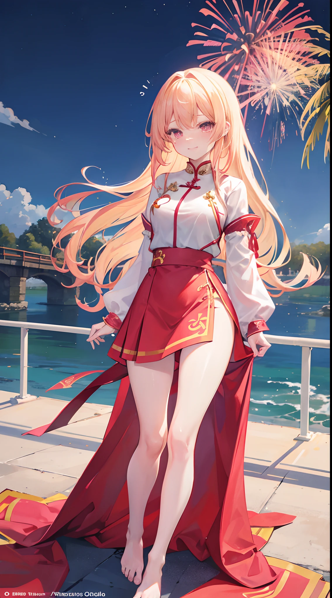 Long blonde hair,Pink eyes,Loving pupils,Red cheongsam,goldtrim,chiquita,Medium build,Reach over and bend over to pull off your skirt and leak out your legs,Barefoot,Stand on a bridge by the river,Behind him is the river,The sky is full of brilliant fireworks,The girl had moving tears and a bright smile on her face