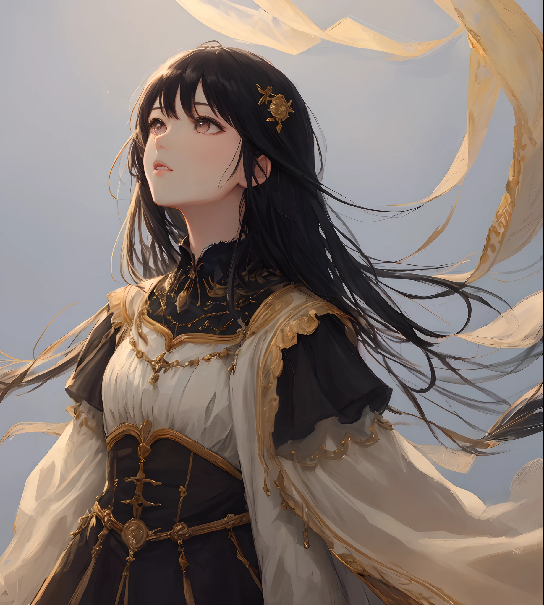 Best Quality, masutepiece,Black hair, Dark eyes,western clothes, Looking Up, Upper body,Strands of hair,Fair skin,Center Part