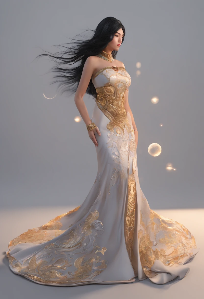 Goddess of the night with intense black hair and an oriental dress