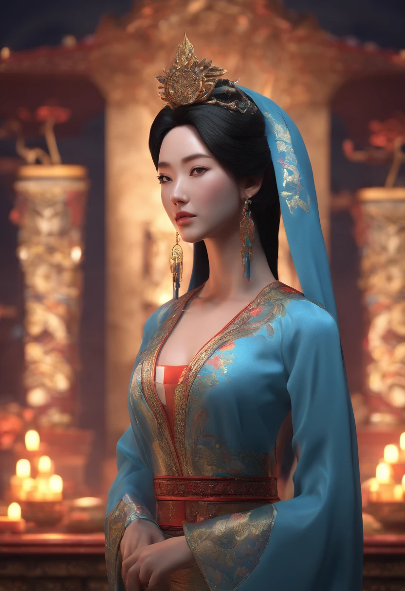 Goddess of the night with intense black hair and an oriental dress