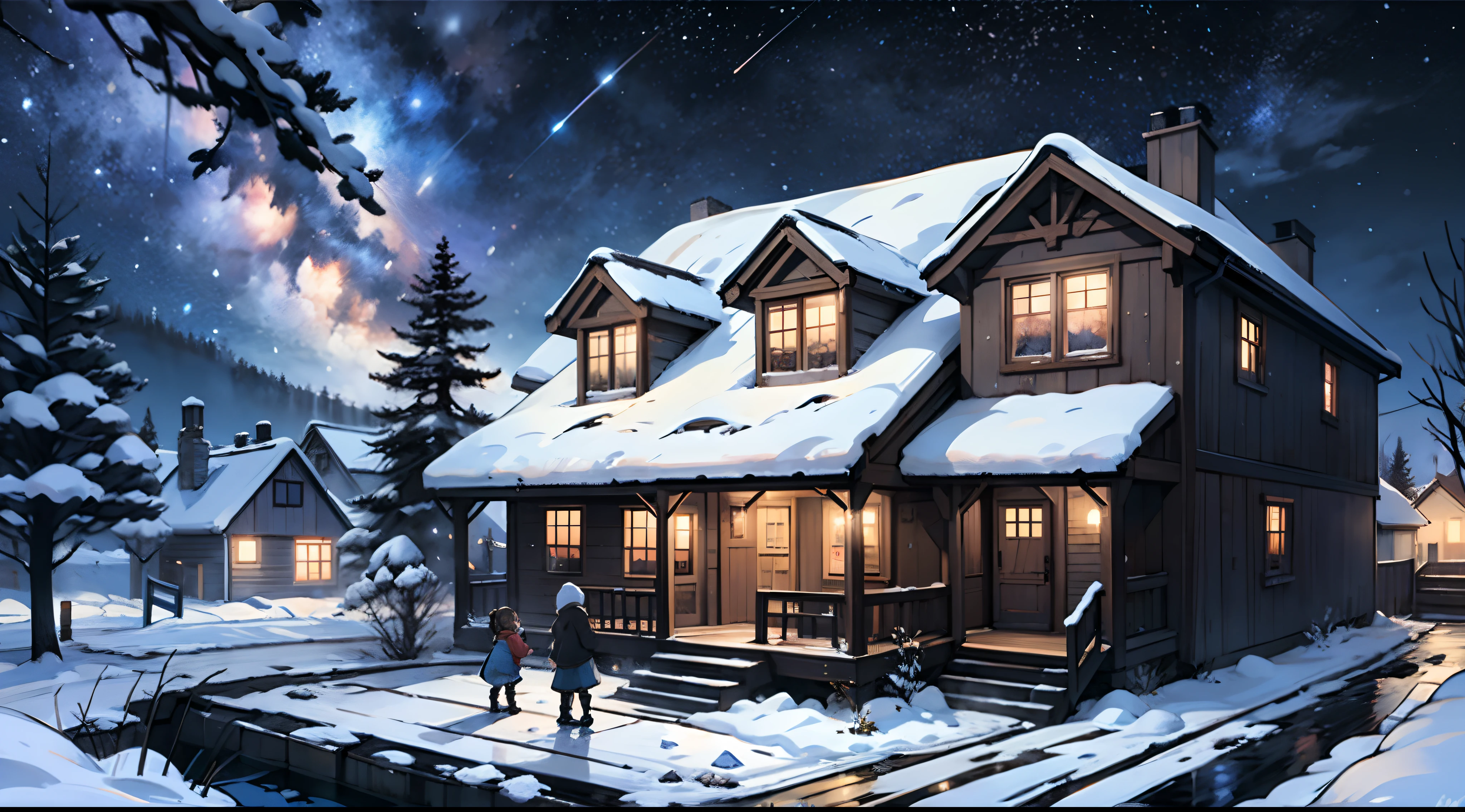 Snow-covered house
Two children playing
Chimney
Starry sky