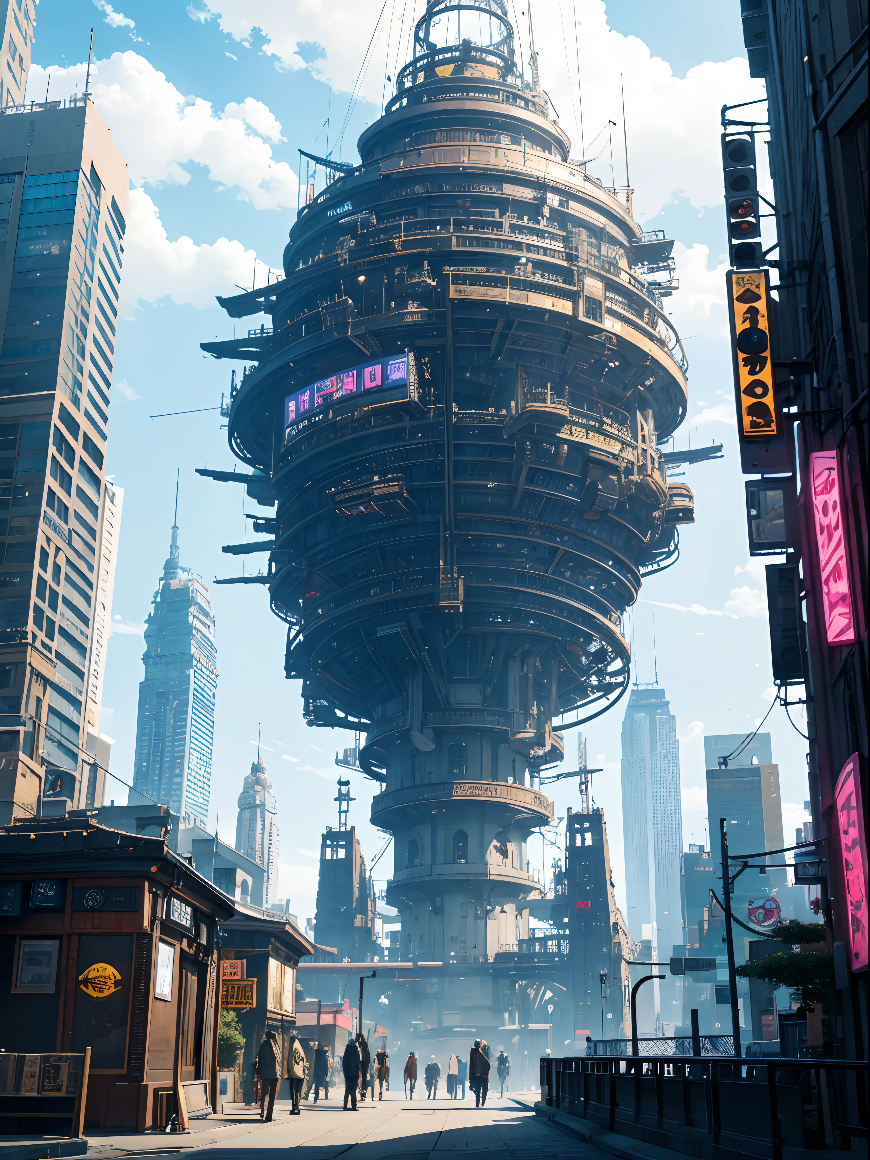 ((Best quality)), ((masterpiece)), (detailed),A vibrant and imaginative {digital painting} depicting a {fantasy cityscape} set in a {steampunk} world. The {city} should be filled with towering {mechanical structures} adorned with gears, pipes, and intricate details. The one {girl} sitting on the edge of building with feet hanging on building. The {streets} should be bustling with {flying airships} and {steam-powered vehicles}. The {color palette} should consist of {rich metallic tones} combined with pops of {bright and vivid colors}. The {art style} should be influenced by the works of {H.R. Giger} and {Hayao Miyazaki}, blending elements of {surrealism} and {cyberpunk}. The {camera} should capture the city from a {high angle} to showcase its sprawling complexity.
Art Inspirations: Art Station (steampunk artists), H.R. Giger, Hayao Miyazaki
Render Style: Surrealism, cyberpunk, vivid colors
Camera Shot: High angle
Camera Lens: Fish-eye lens
View: Overhead
