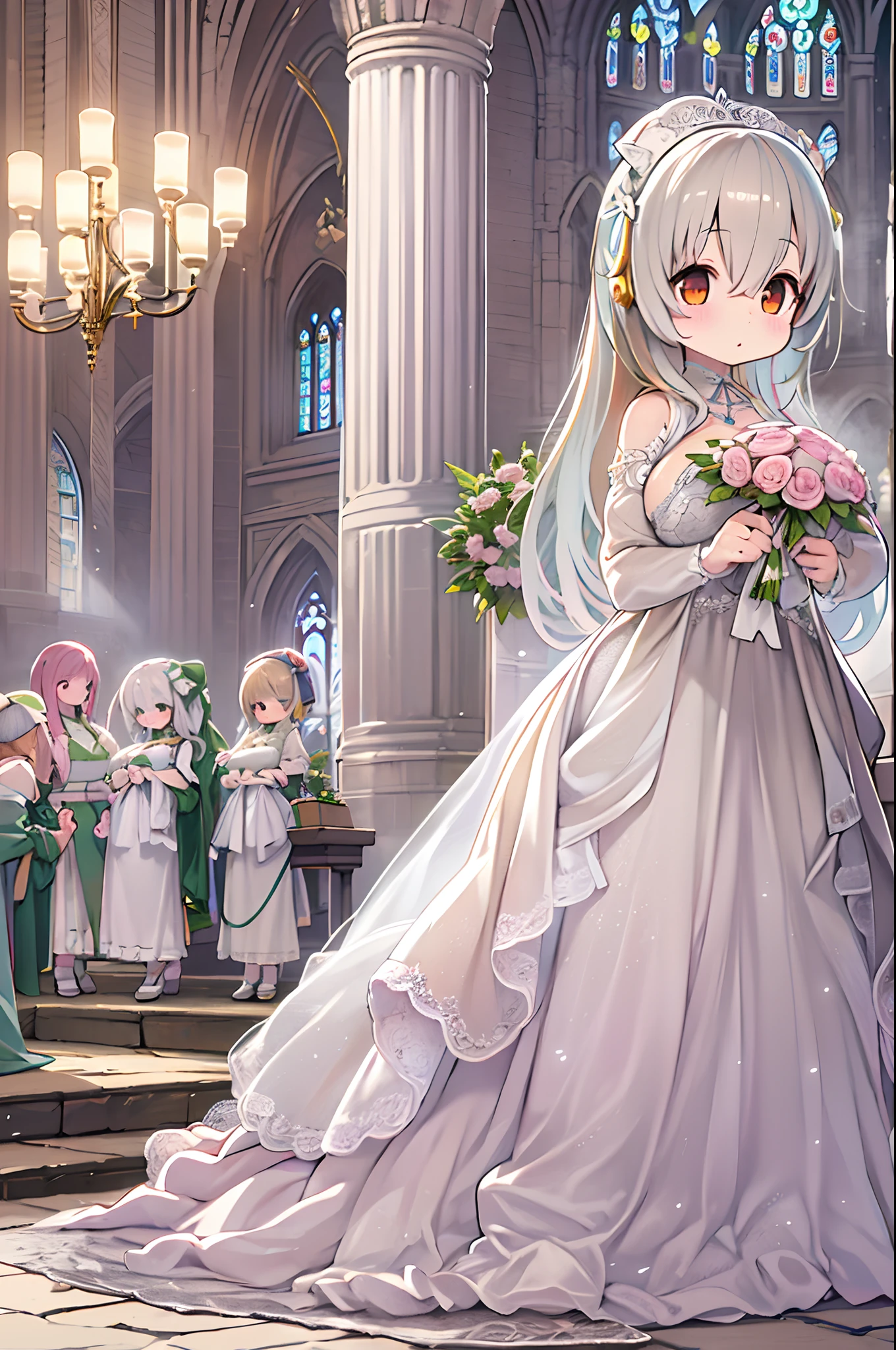 High resolution, Best Quality, masutepiece, Ultra high definition, Ultra high definition, .。.3D, Anime, Illustration, In a church、wedding hall、Two women in wedding dresses、2girls,girl1:bbw、huge-breasted、、Chibi adorable,Black hair,Bob-cut hair,huging、stare、weddingdress、Girl 2:adolable,A pink-haired,Long grey hair,huge-breasted、huging、stare、weddingdress、Chibi