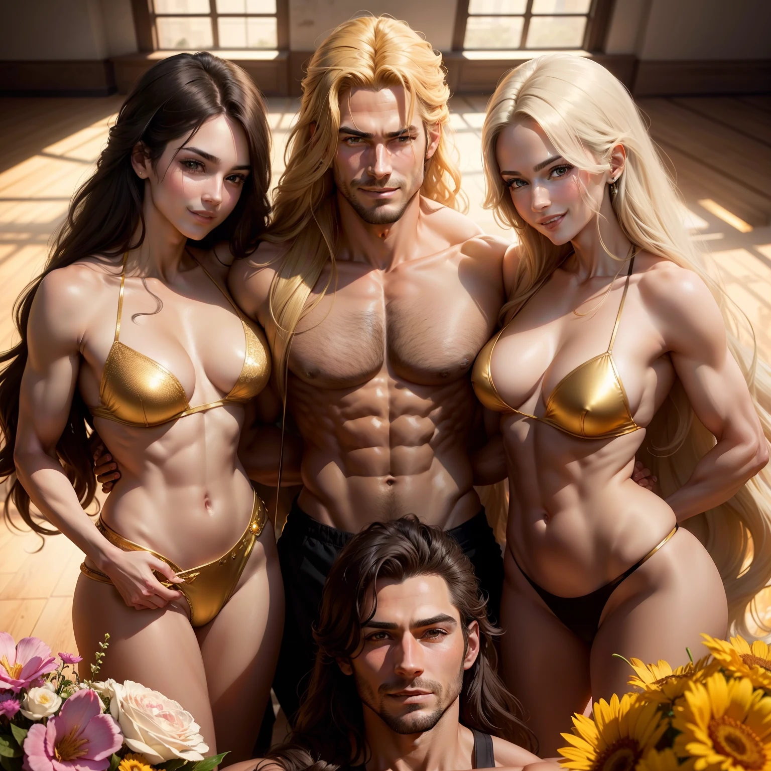Handsome man looking at the camera with wide evil grin, surrounded by three women up against him touching him, at gym, without clothes, perfect bodies, long flowing hair, flowers in hair, seductive, materials, golden hour, , jewelry, golden hour, photorealistic